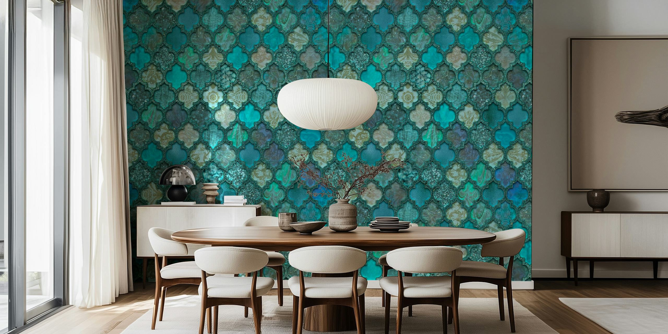 Old Moroccan Tiles Teal Green ταπετσαρία σε ένα δωμάτιο