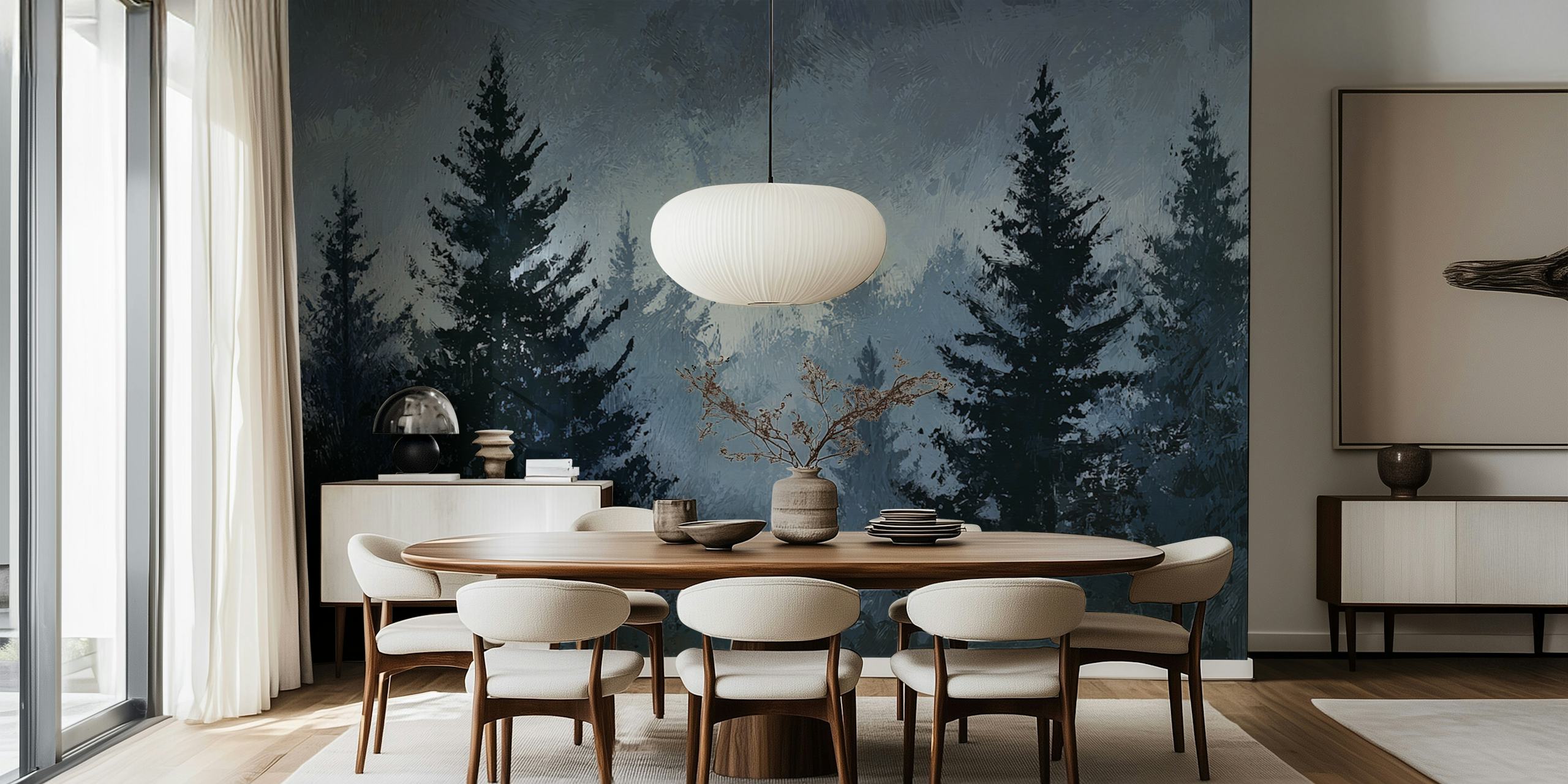 Misty Dark Forest Landscape wallpaper in a room