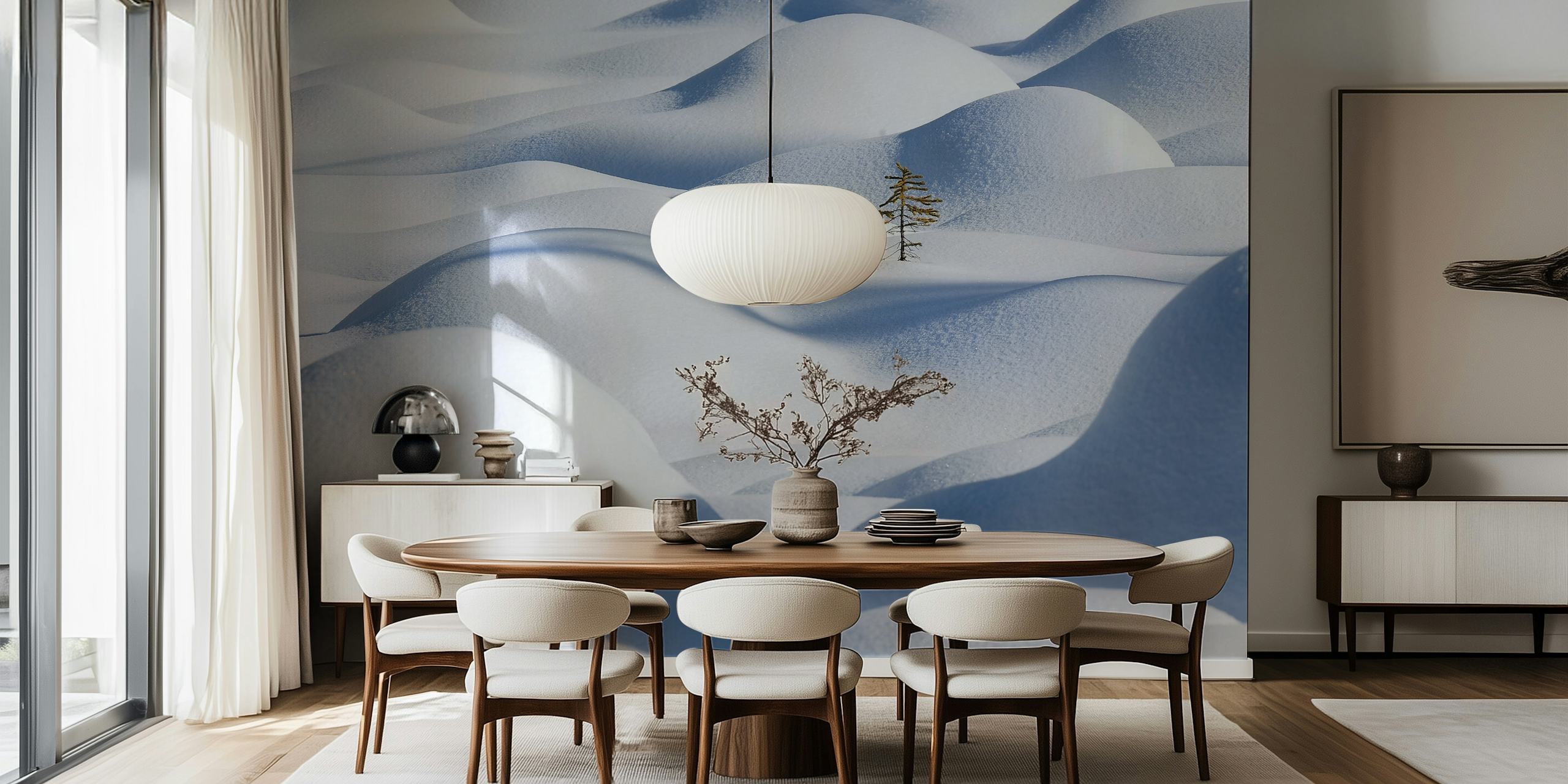 White snow hills with soft, curve shapes and a single tree wallpaper