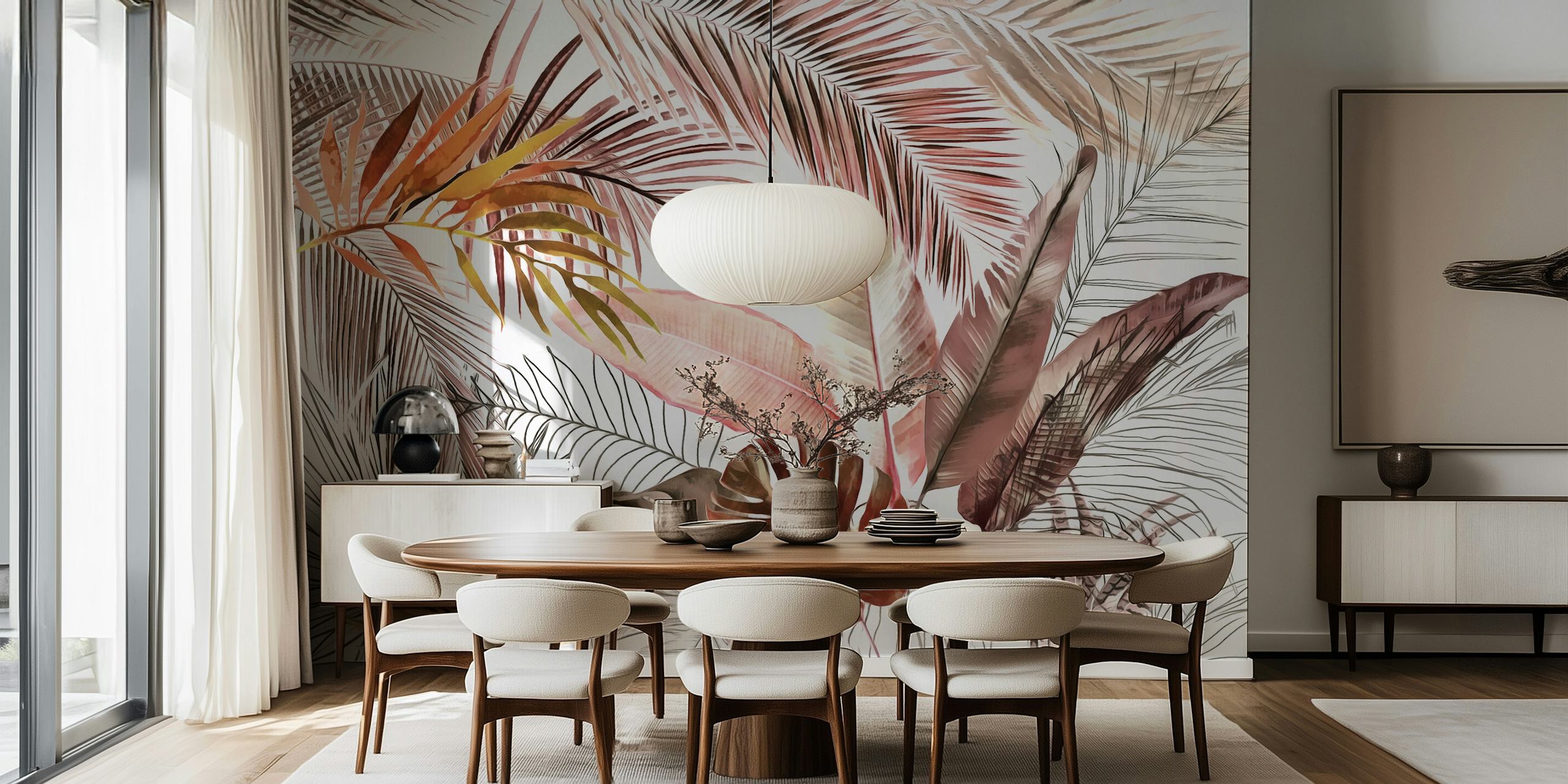 Elegant Tropical Foliage Wall Mural with a mix of Palm Leaves and Botanical Elements