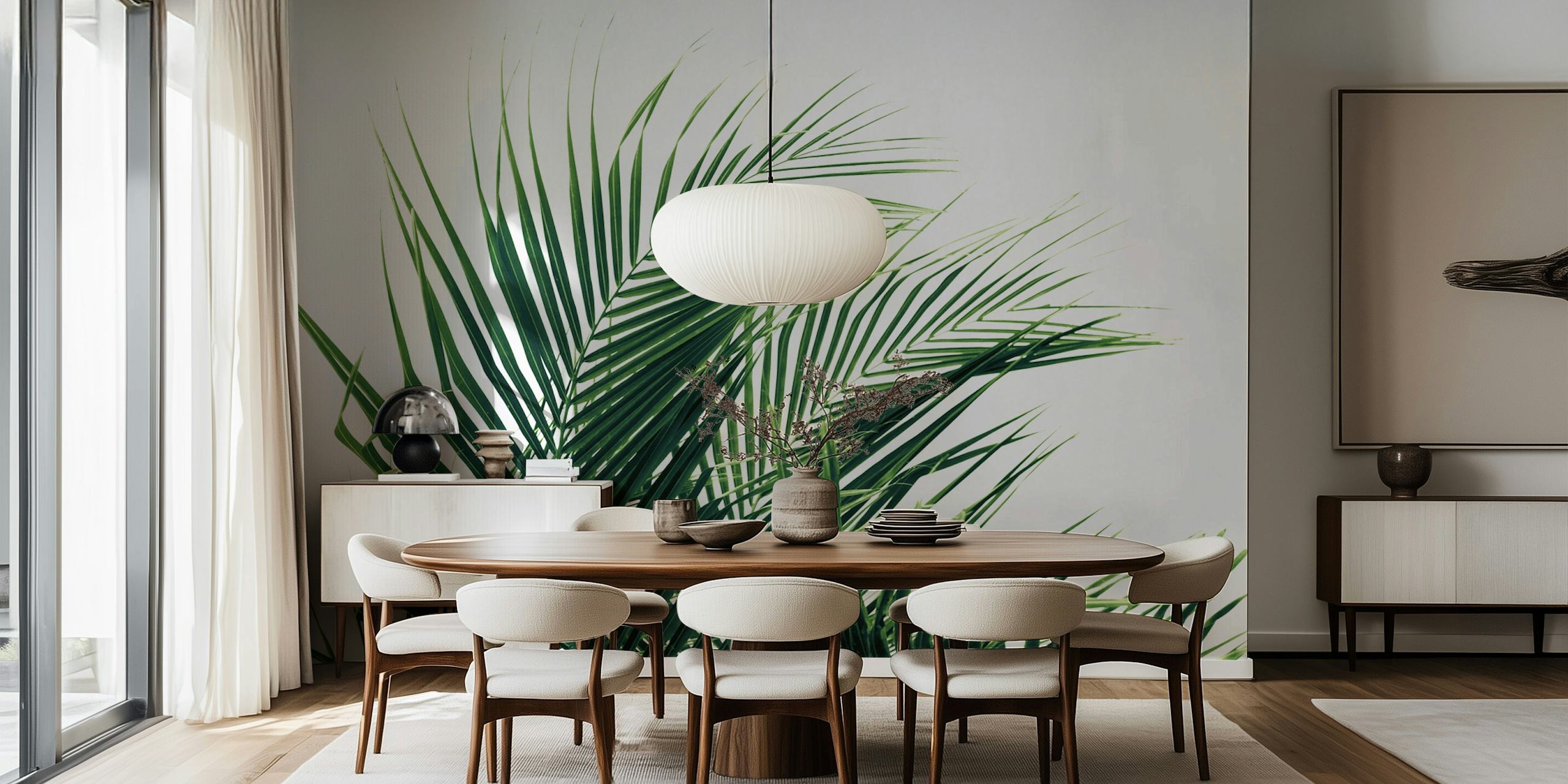 Tropical green palm leaves on a white background wallpaper