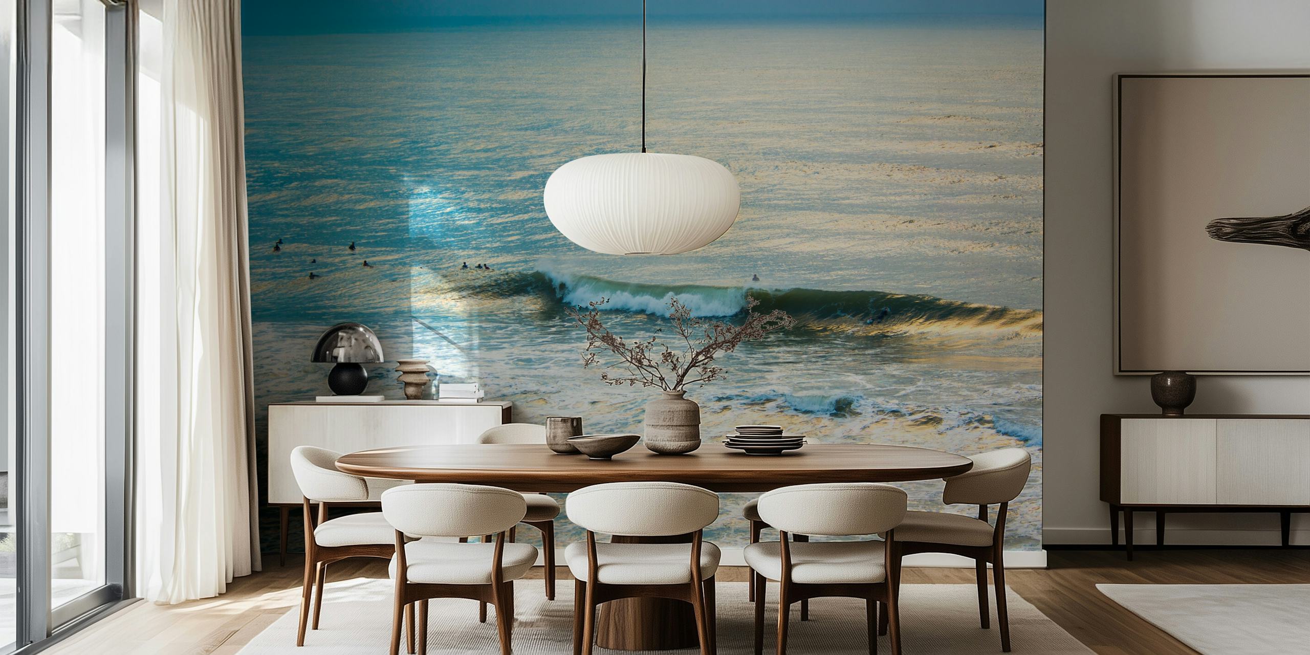 Ocean waves and surfers in blue tones wallpaper