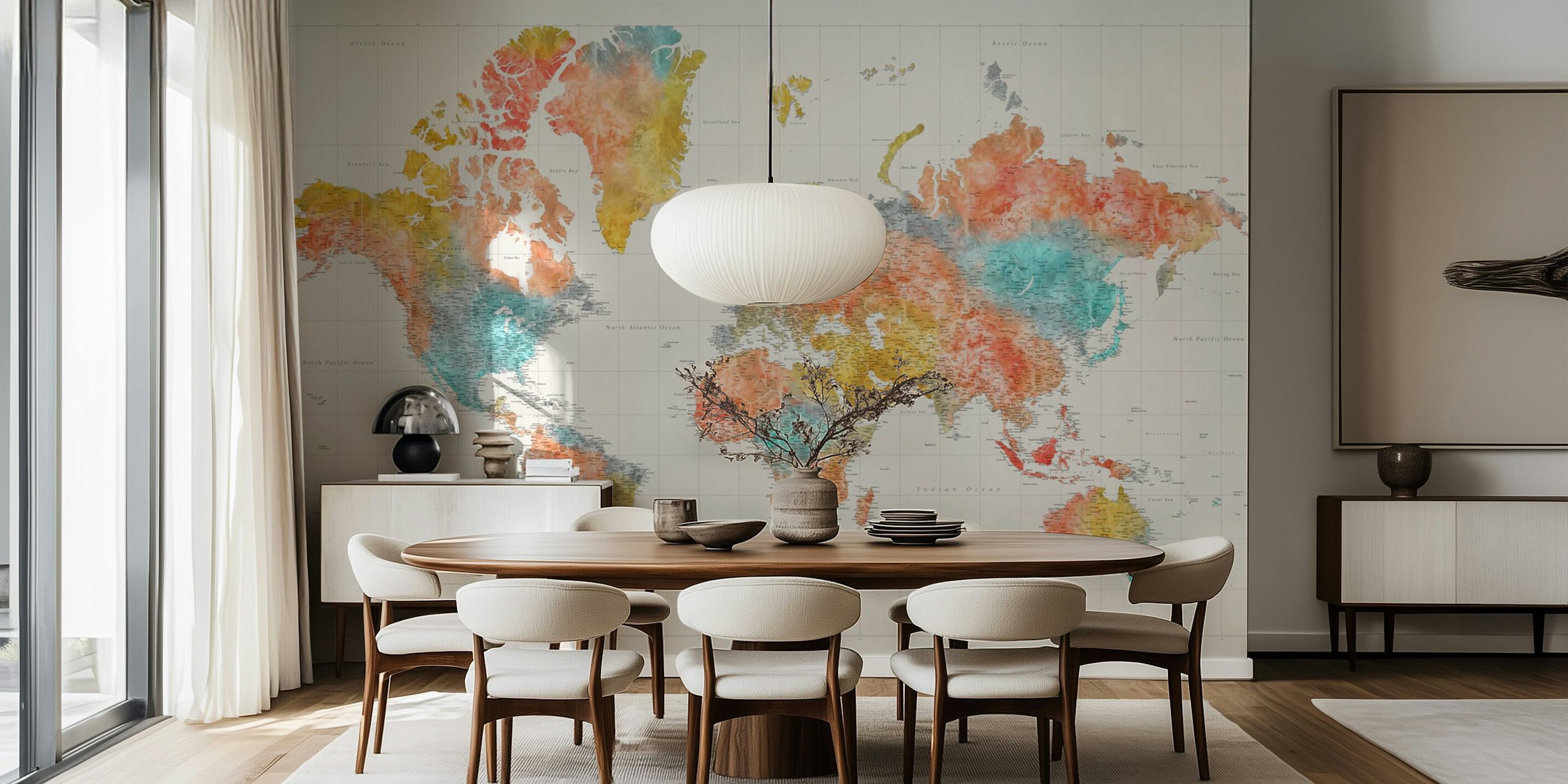 Colorful watercolor world map wallpaper with orange, teal, and yellow hues
