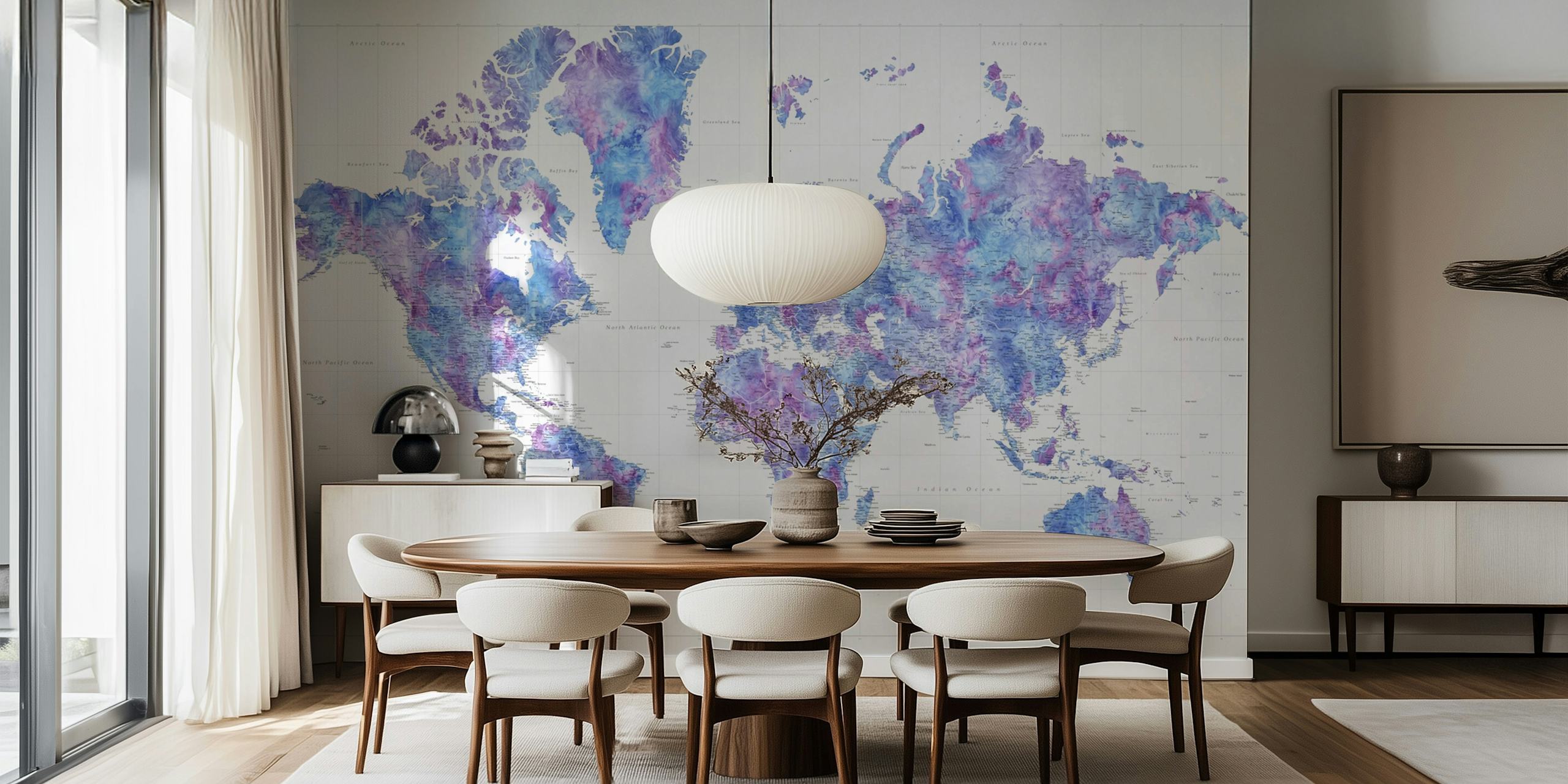 Colorful world map in blue and purple watercolor wallpaper