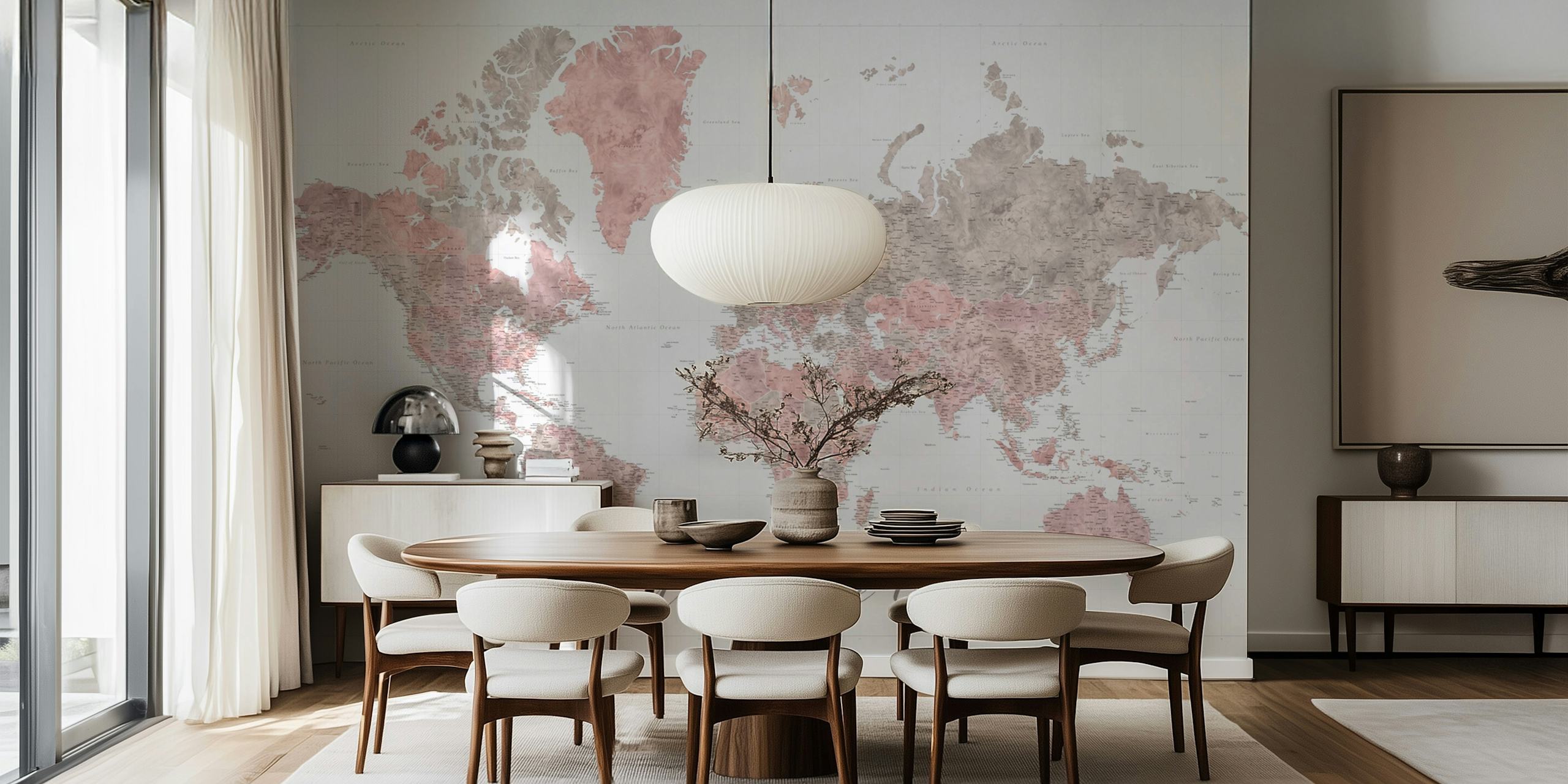 World map in soft pink and gray tones wallpaper