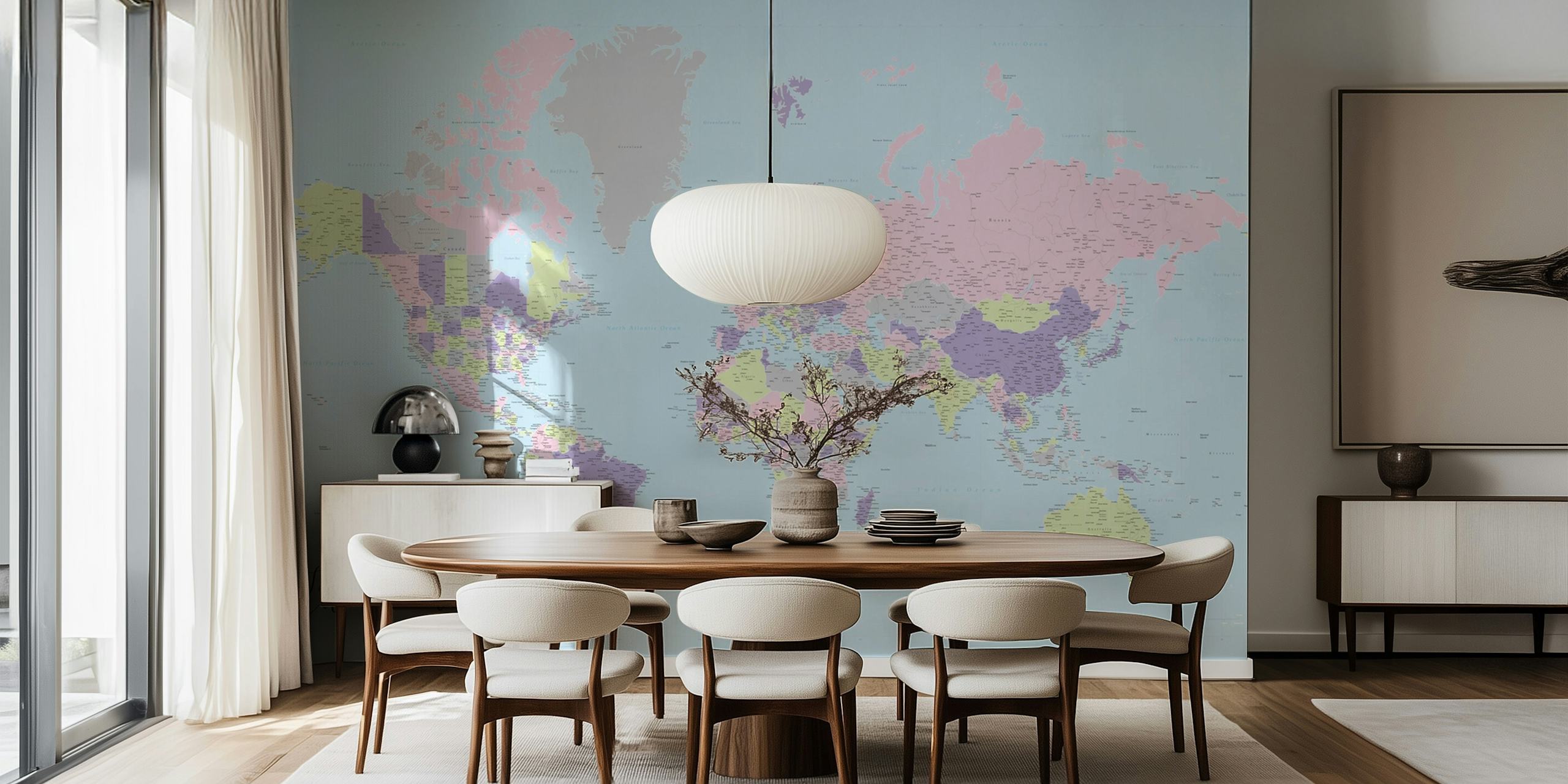 Vintage world map with pink, blue and purple colors wallpaper