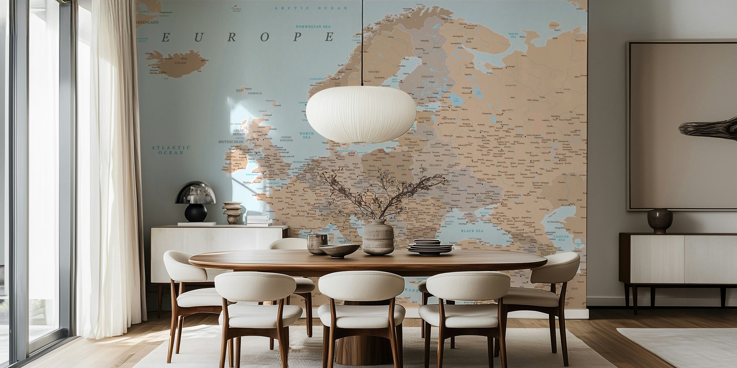 Detailed Europe map wallpaper in a room