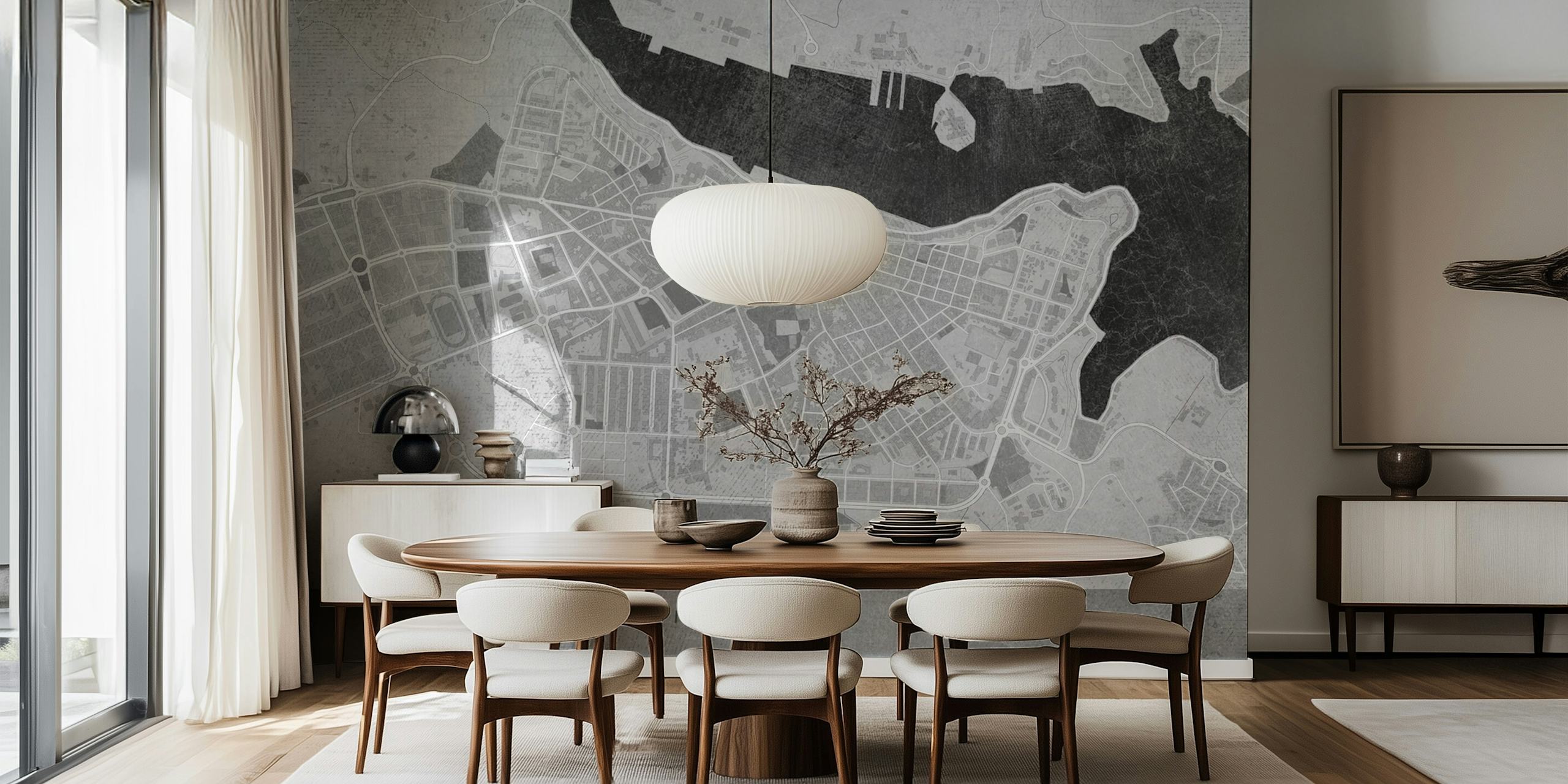 Gray map of Mahon Spain wallpaper in room