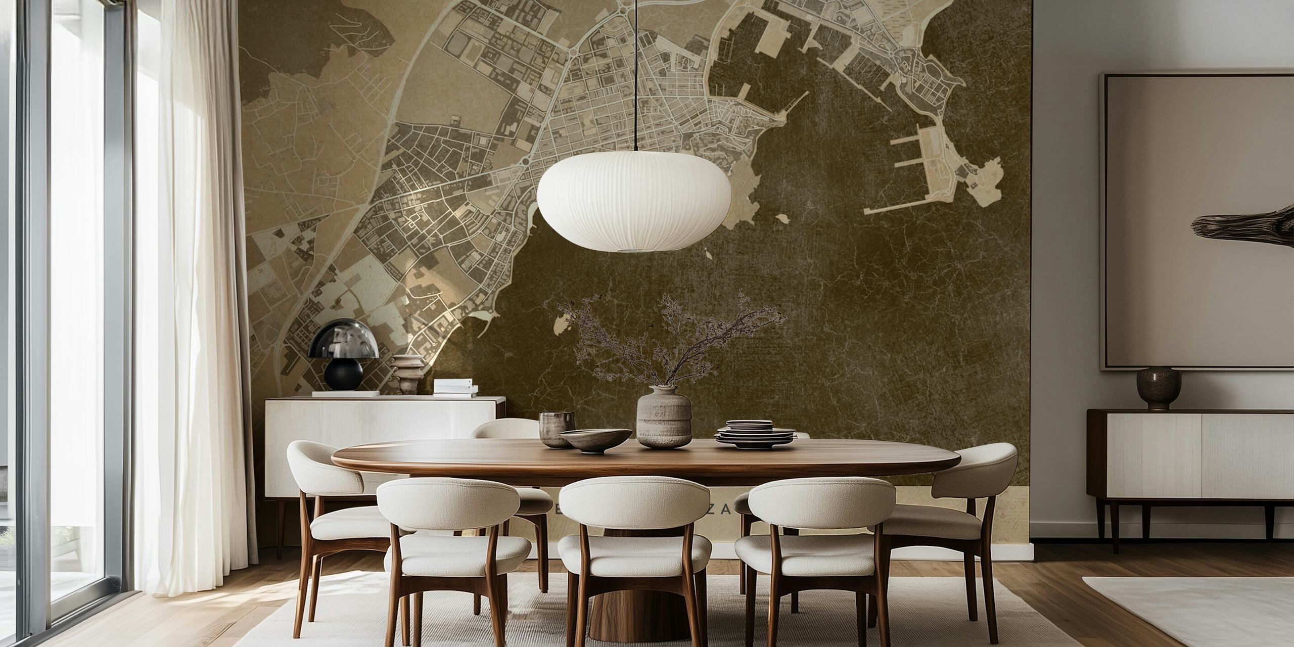 Ibiza map in sepia tones with detailed city layout wallpaper