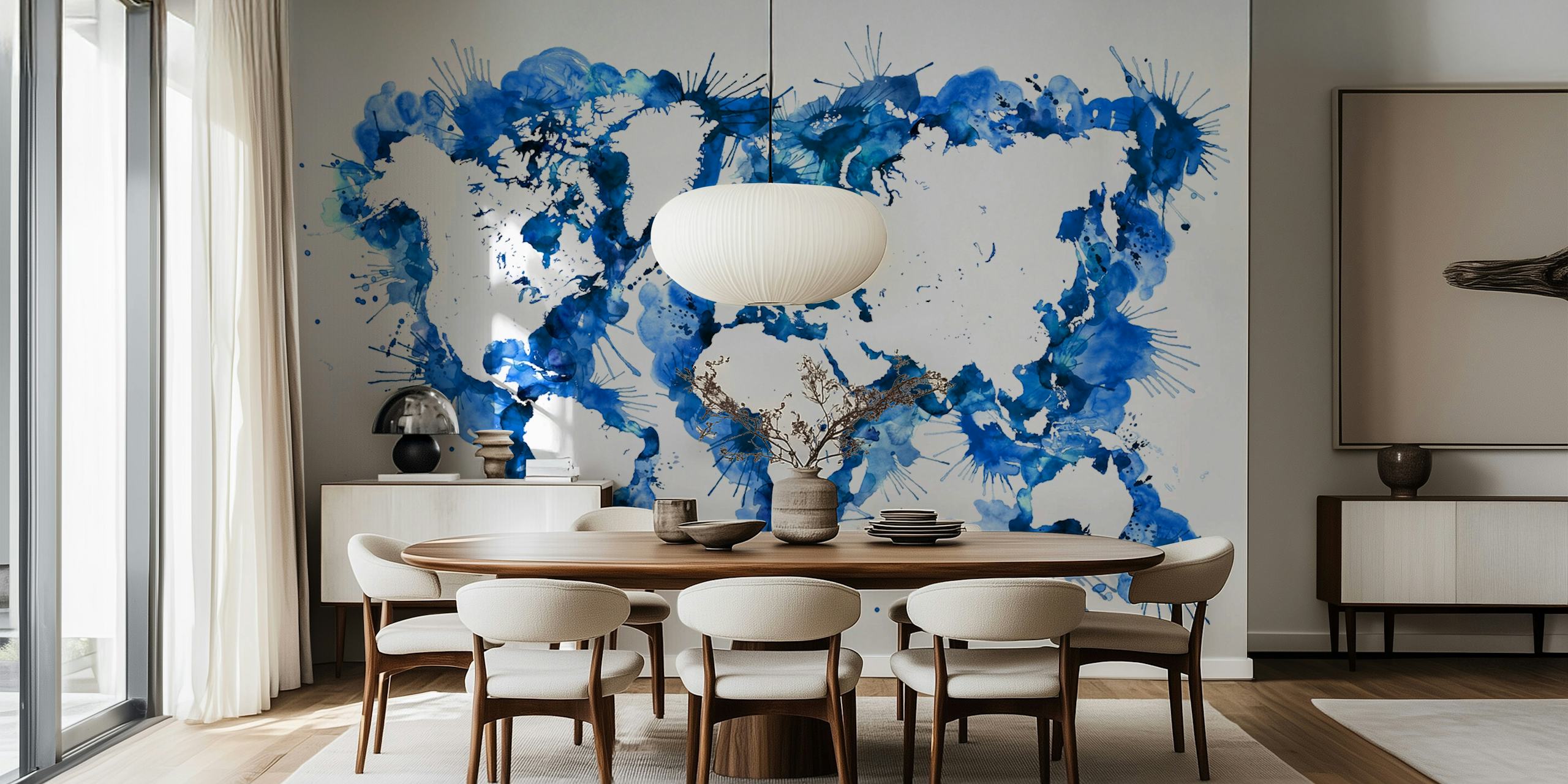 World map in blue watercolor splatters wallpaper