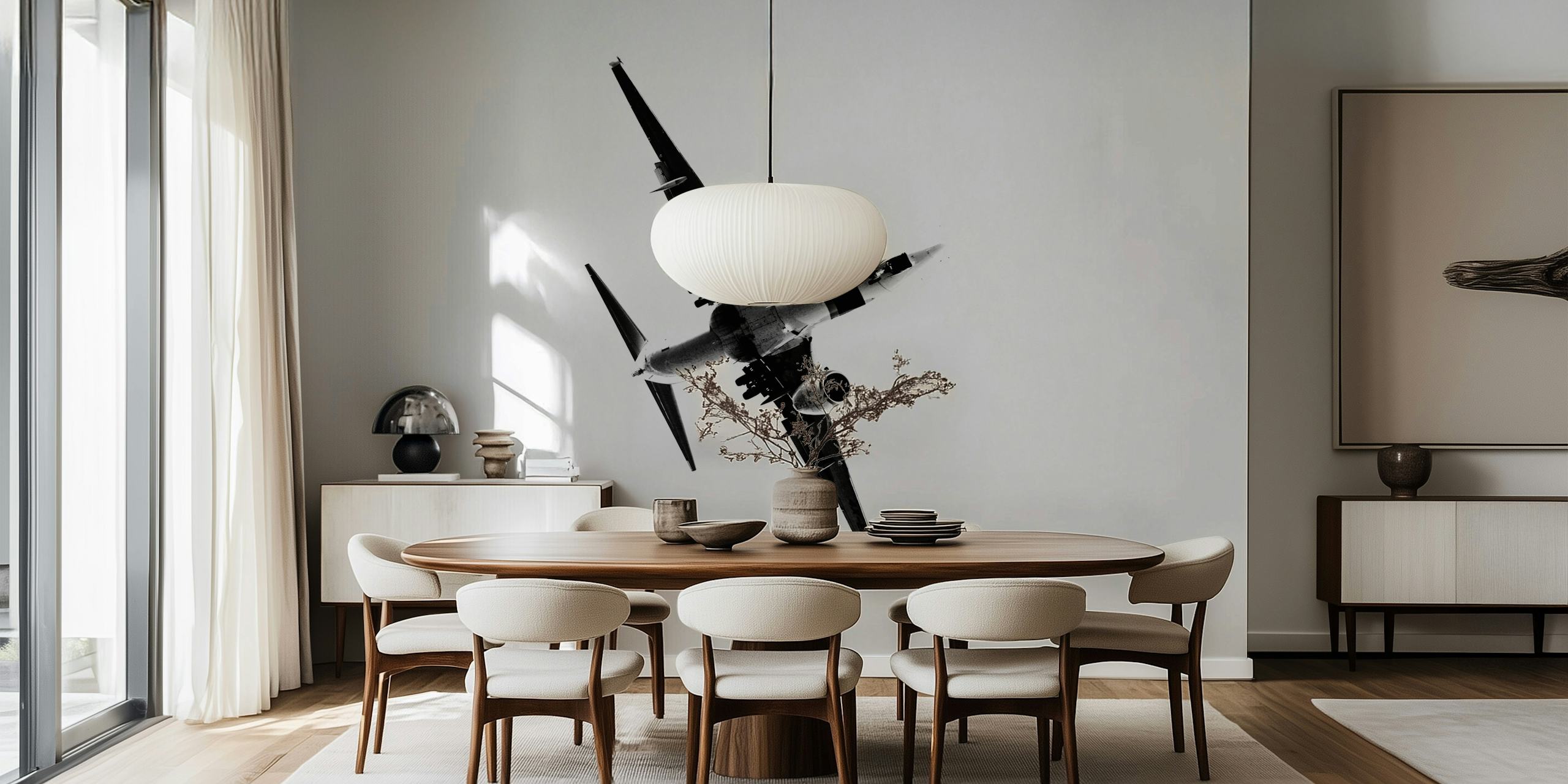 Carta da parati in bianco e nero di un aereo stilizzato in ascesa che simboleggia il progresso e l'ambizione