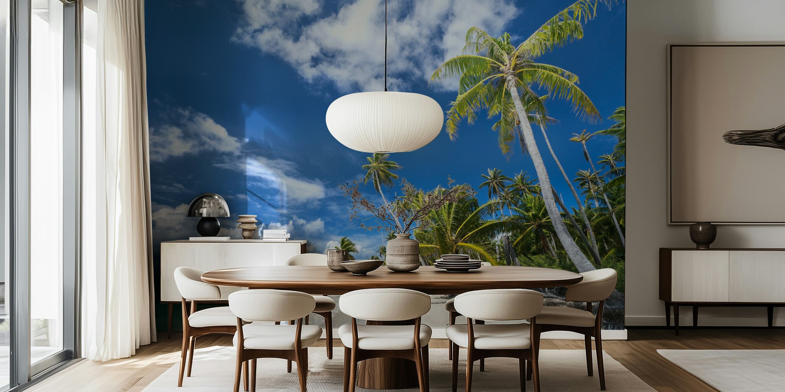 Tropical desert island wall mural with palm trees and clear blue sky