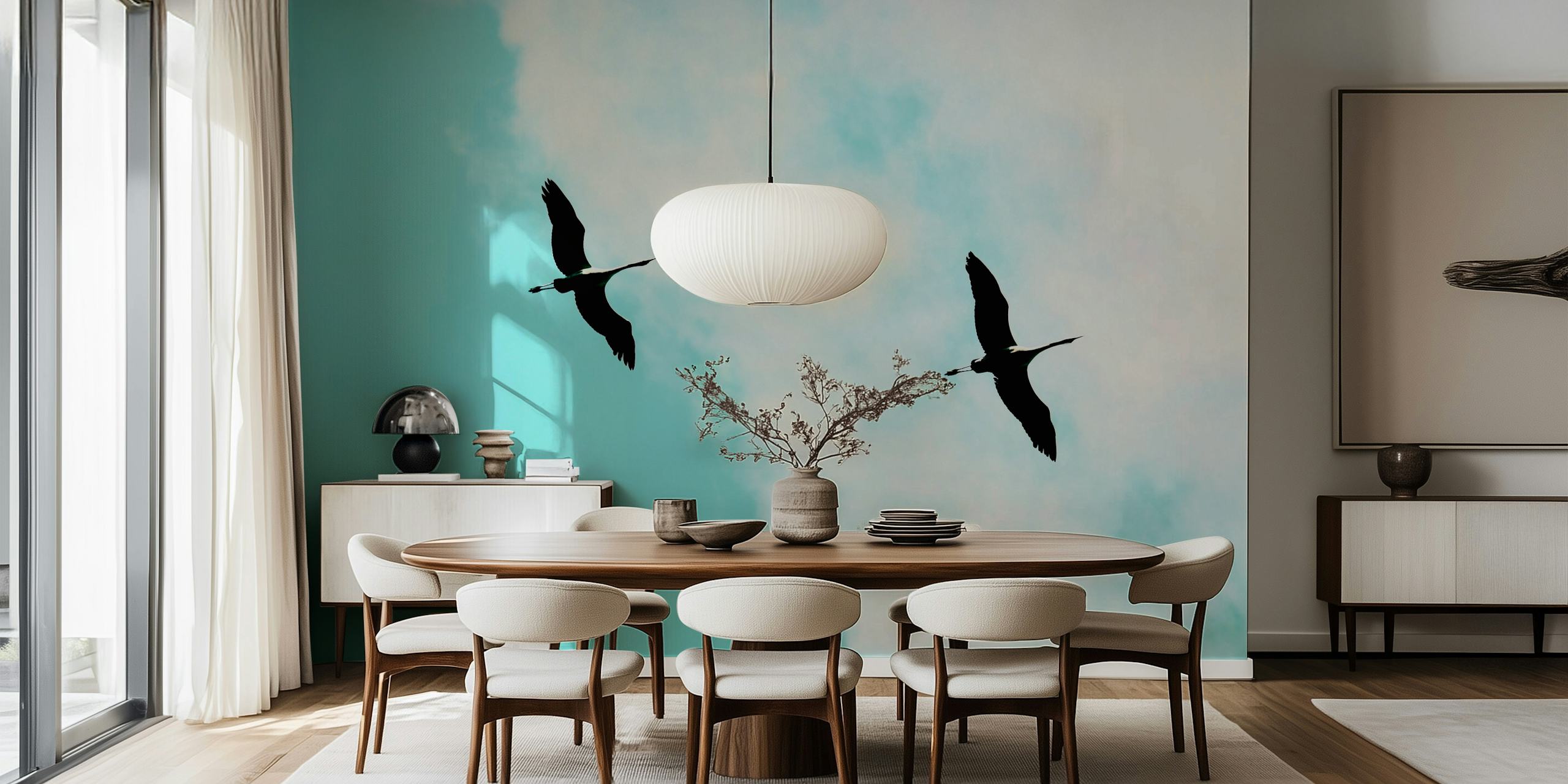 Silhouettes of cranes flying against a blue sky wallpaper