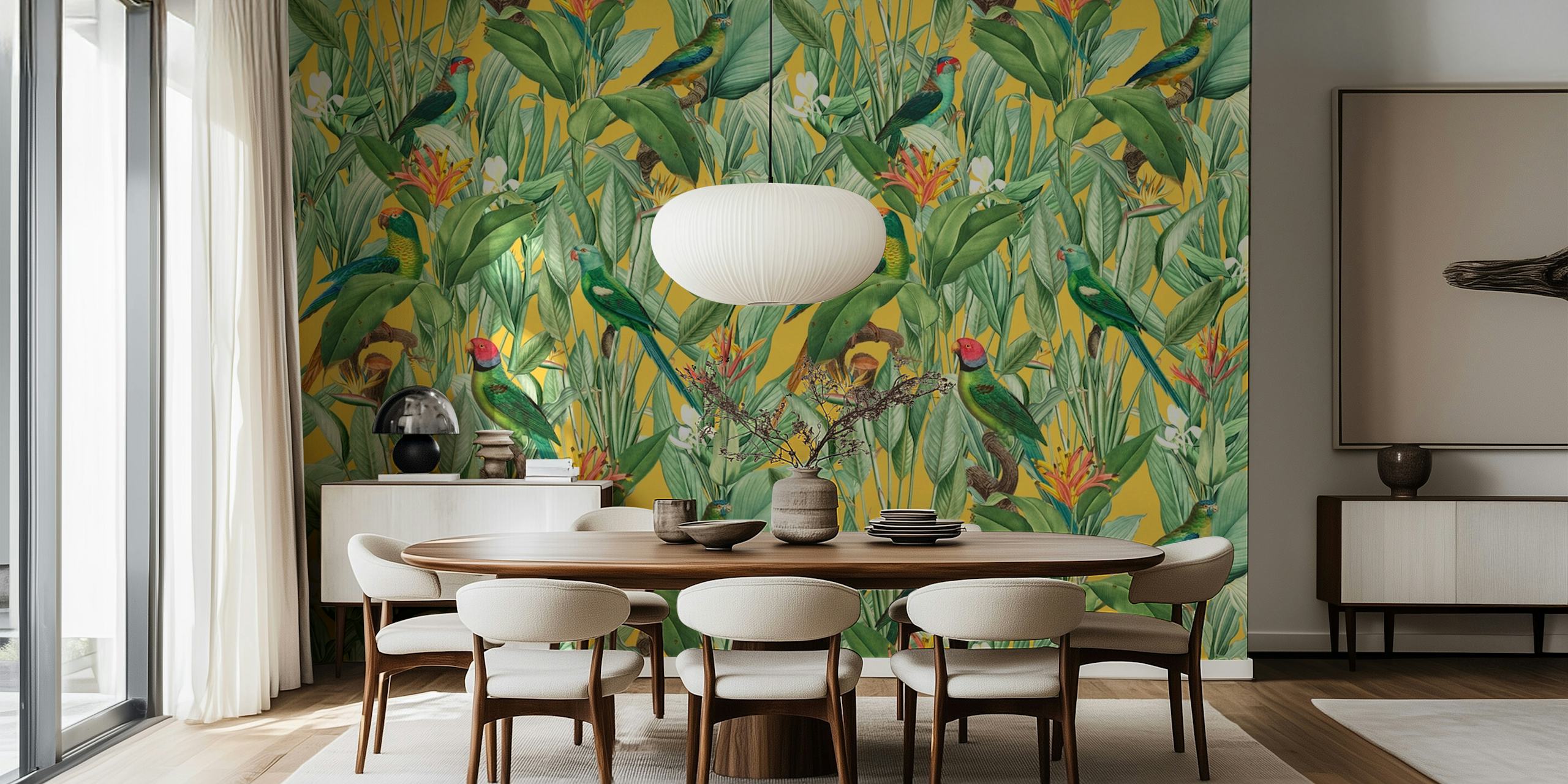 Lush green foliage with colorful tropical birds and flowers wallpaper
