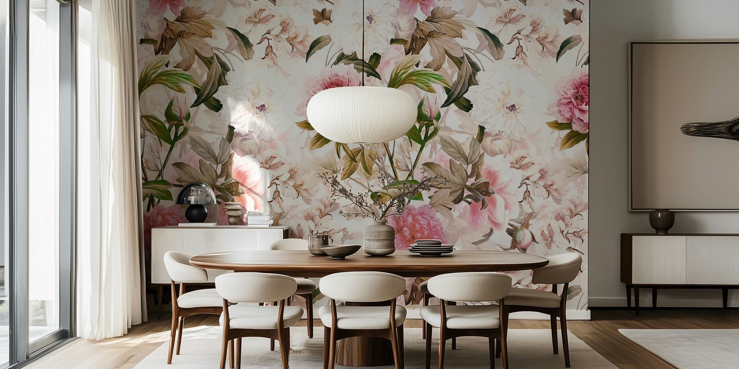 Baroque Peonies Summer Garden wall mural with blooming flowers and foliage.