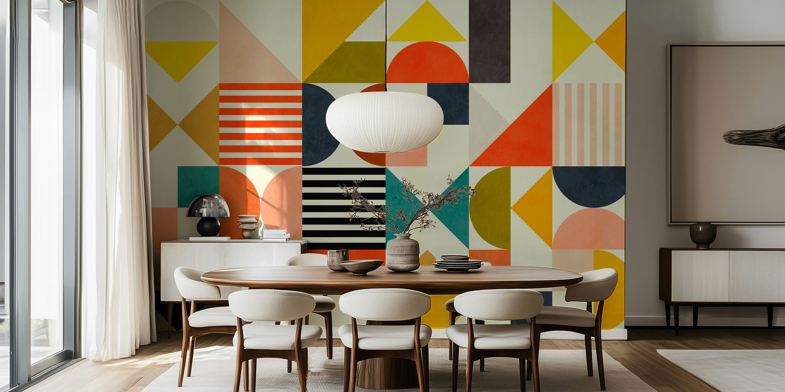 Geometric patterns in warm colors on beige background wallpaper