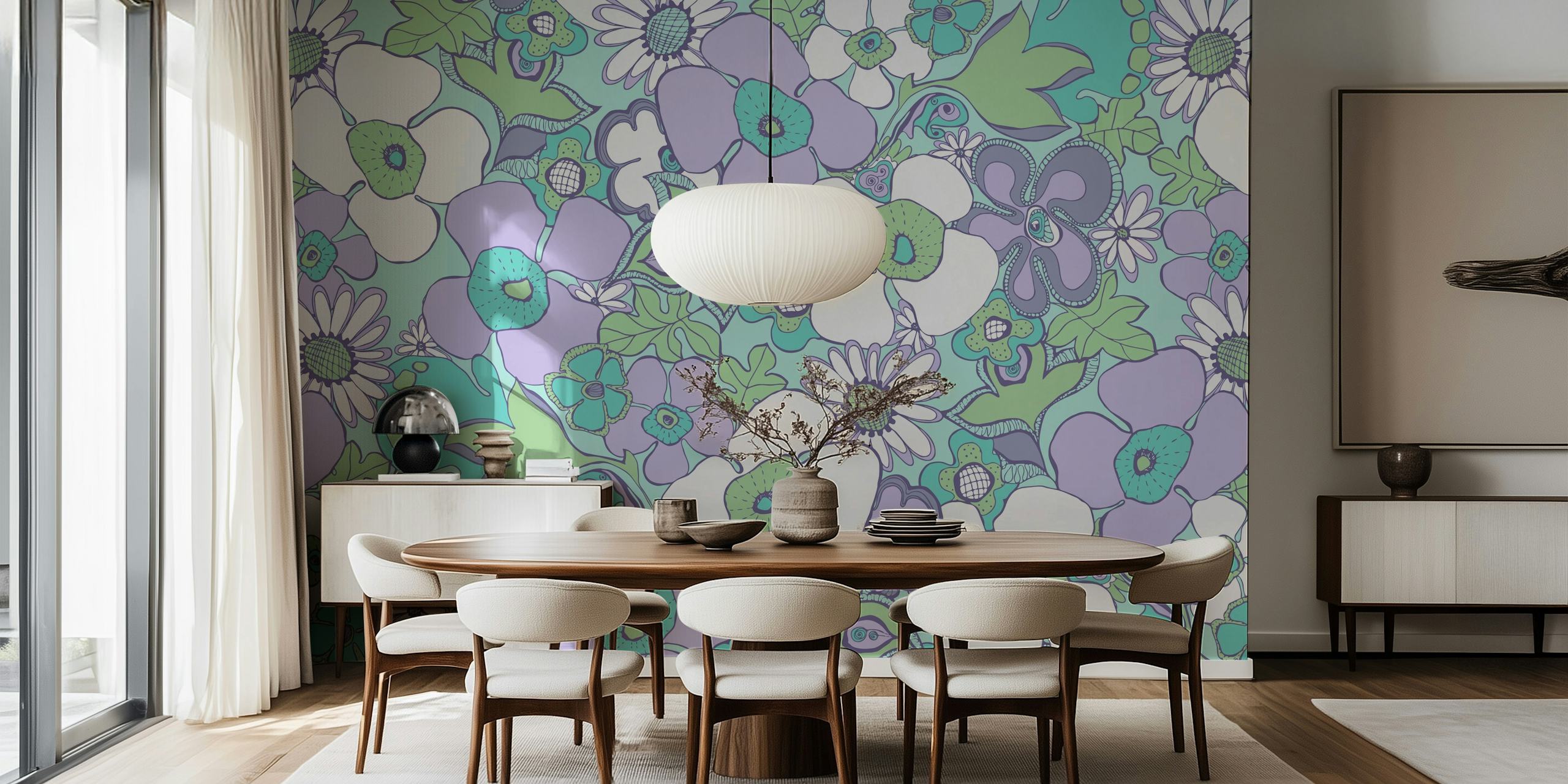 Floral Doodles in Green Purple ταπετσαρία