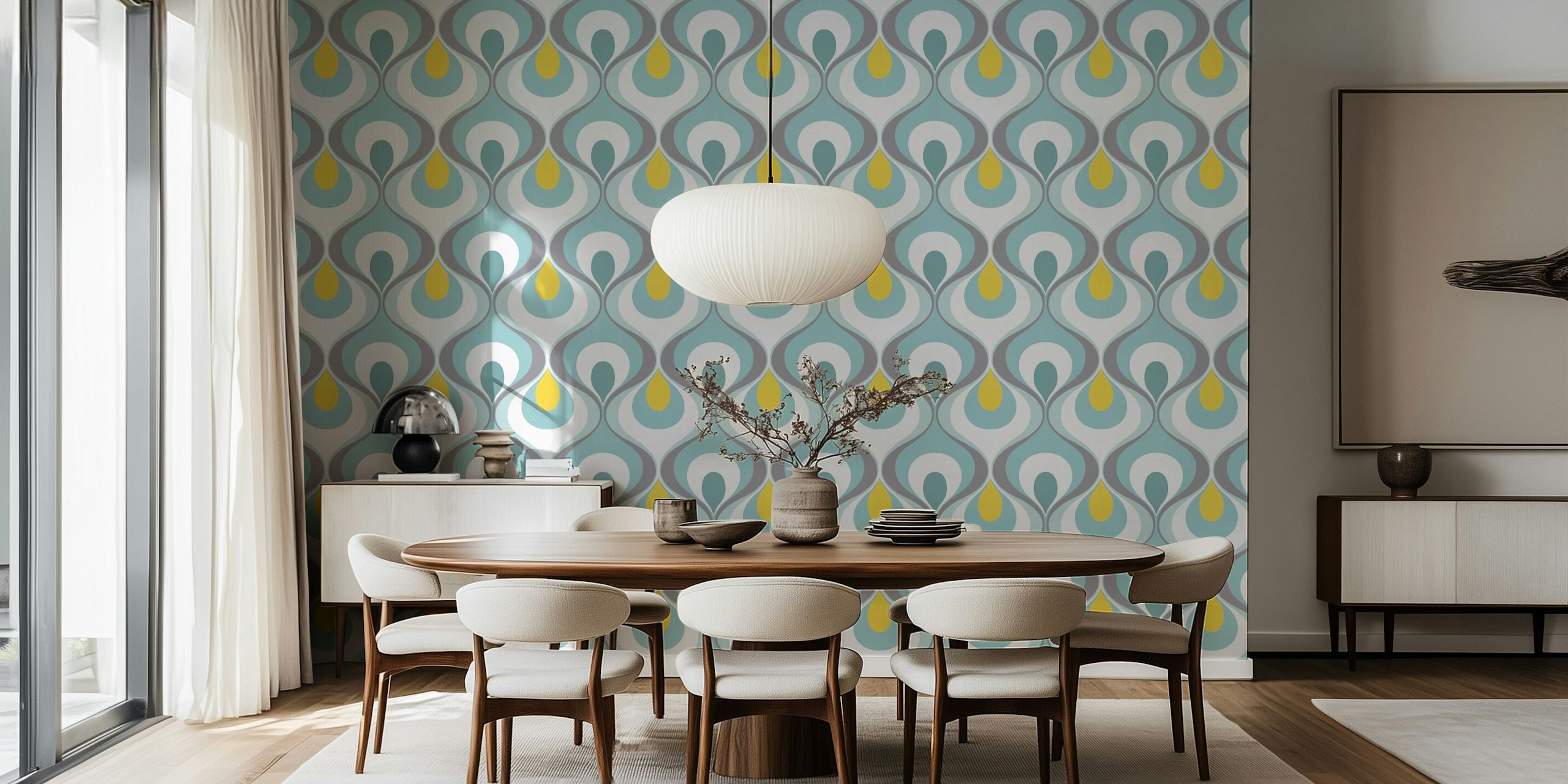 Turquoise and yellow floral teardrop pattern wallpaper