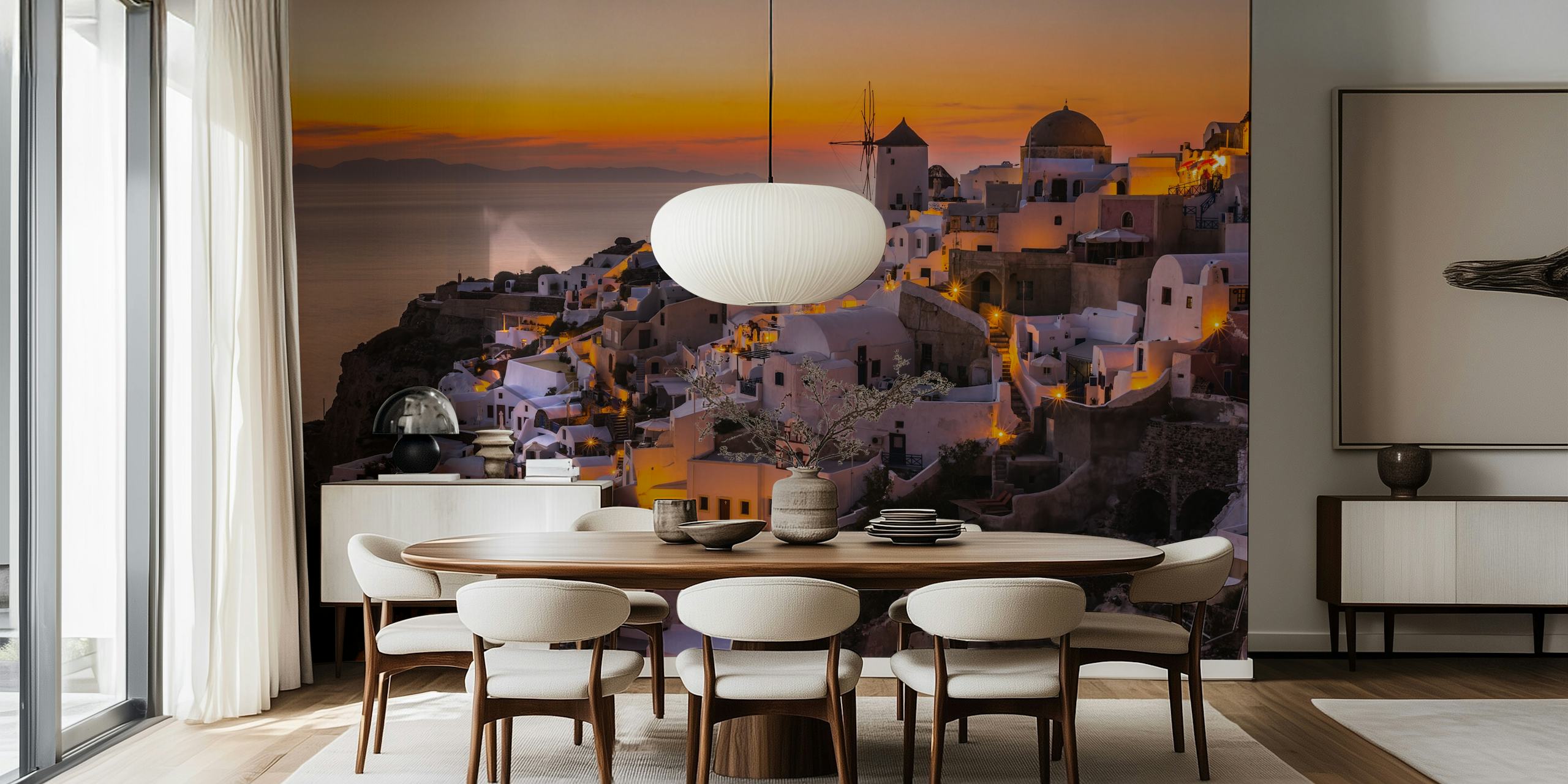 Santorini sunset landscape with white buildings and warm colors wallpaper