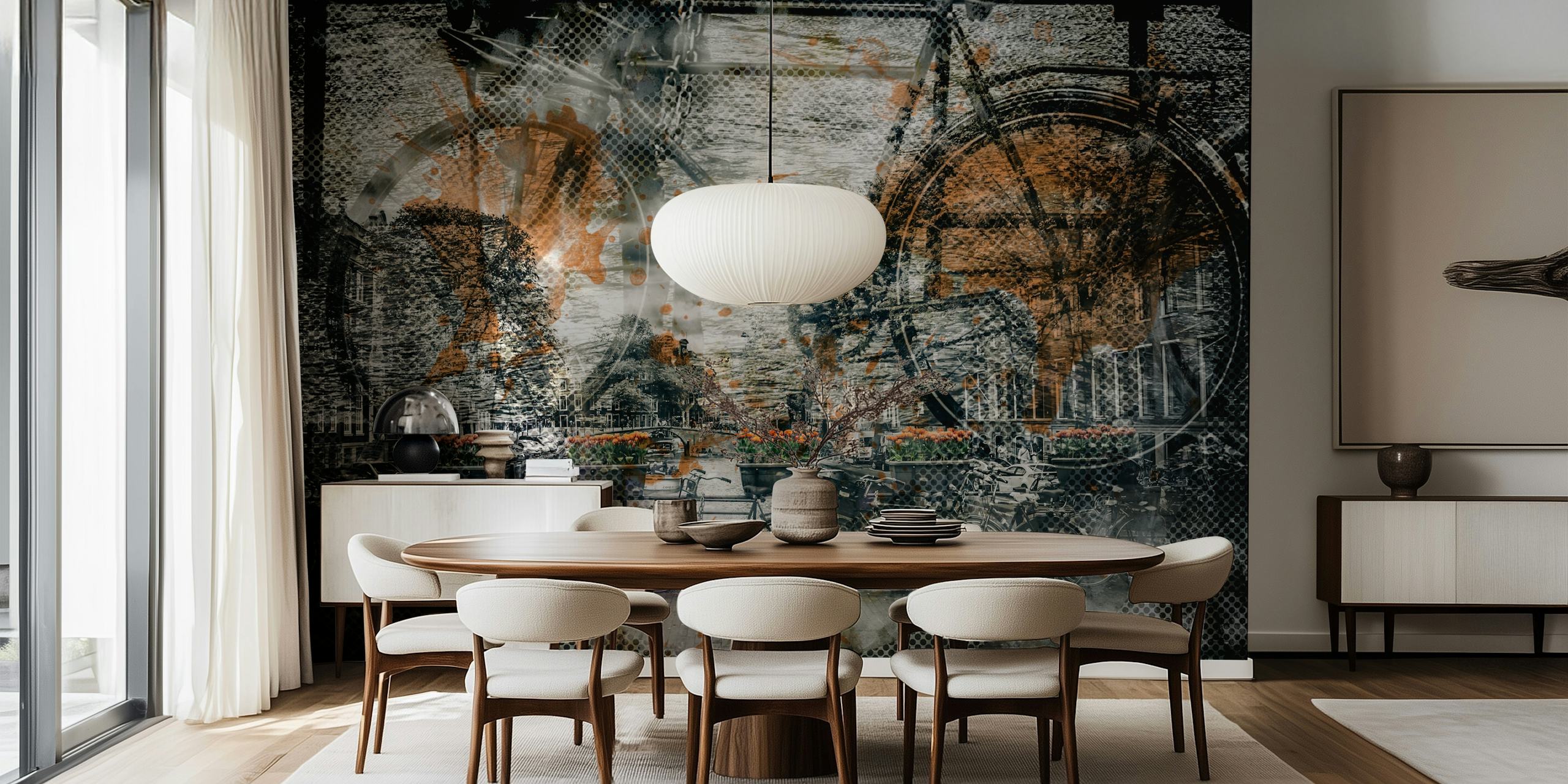 Artistic wall mural of bicycles with a street art style overlay representing Amsterdam's urban culture