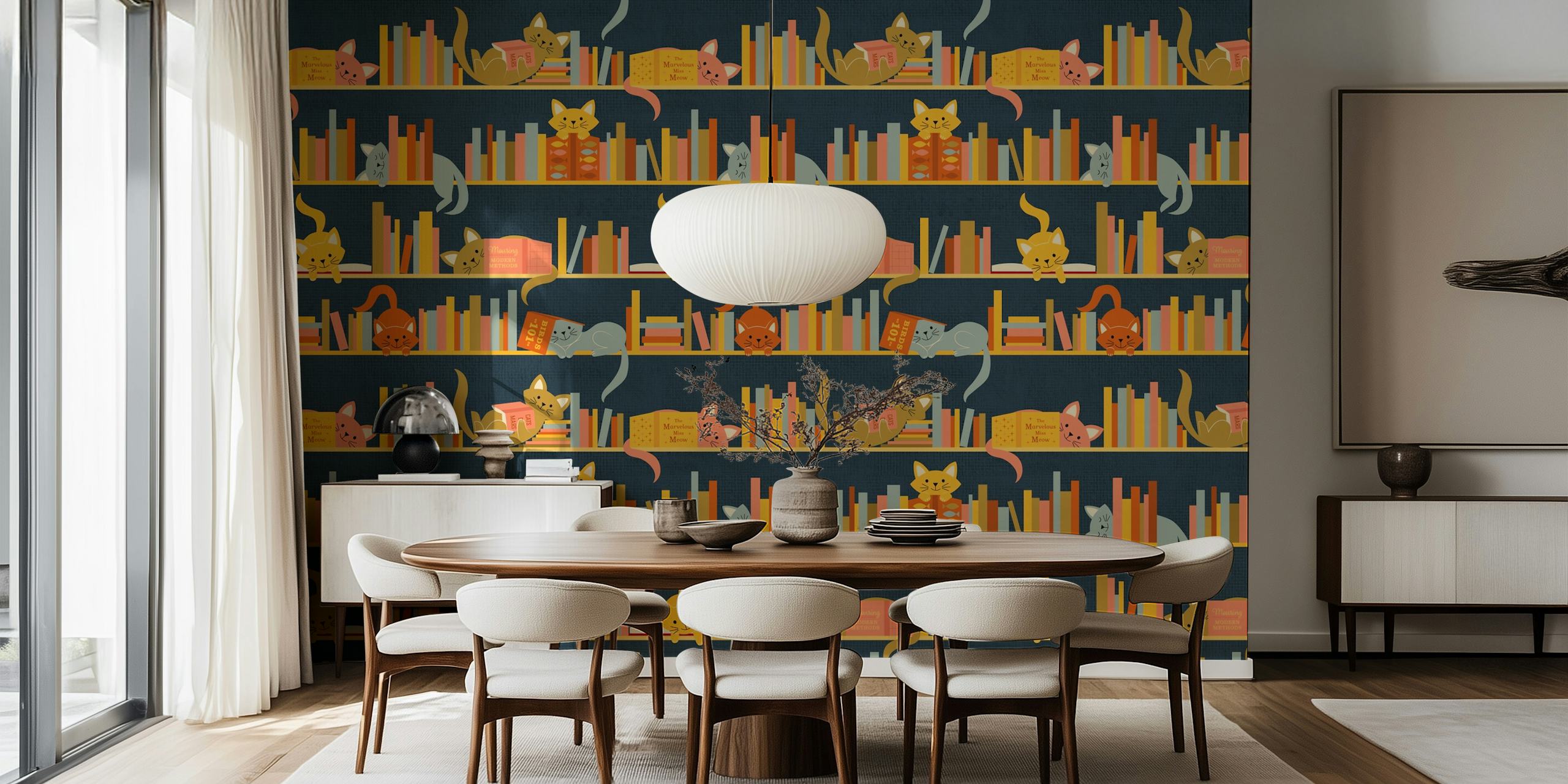 Playful cats on bookshelves wall mural