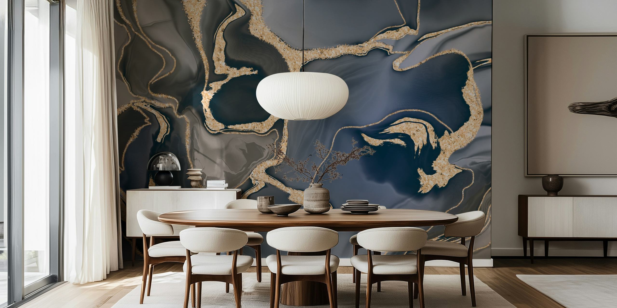 Abstract marbled ink wall mural in brown, blue, and gold swirls