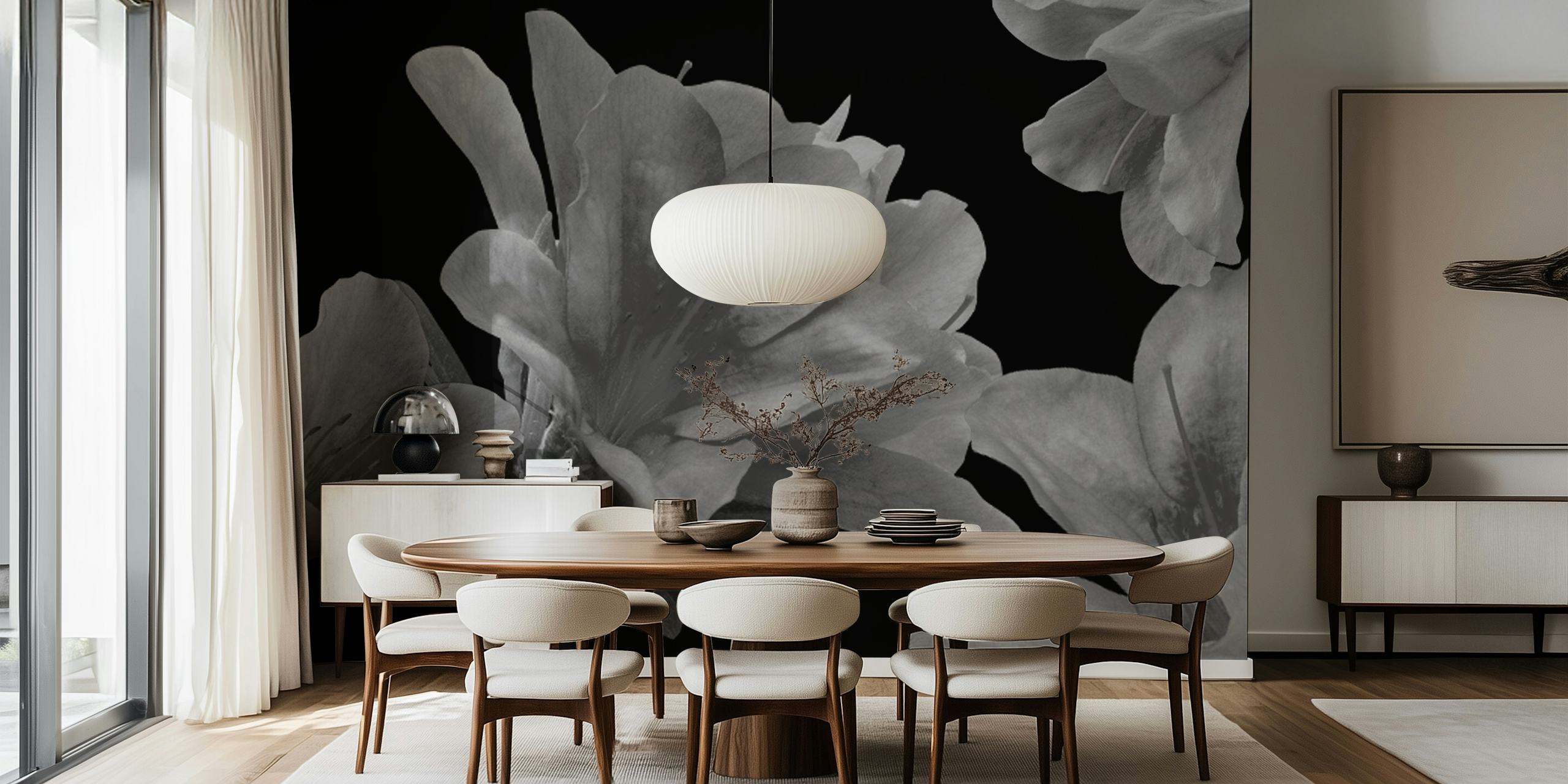 Ταπετσαρία Gray Tropical Floral σε ένα δωμάτιο