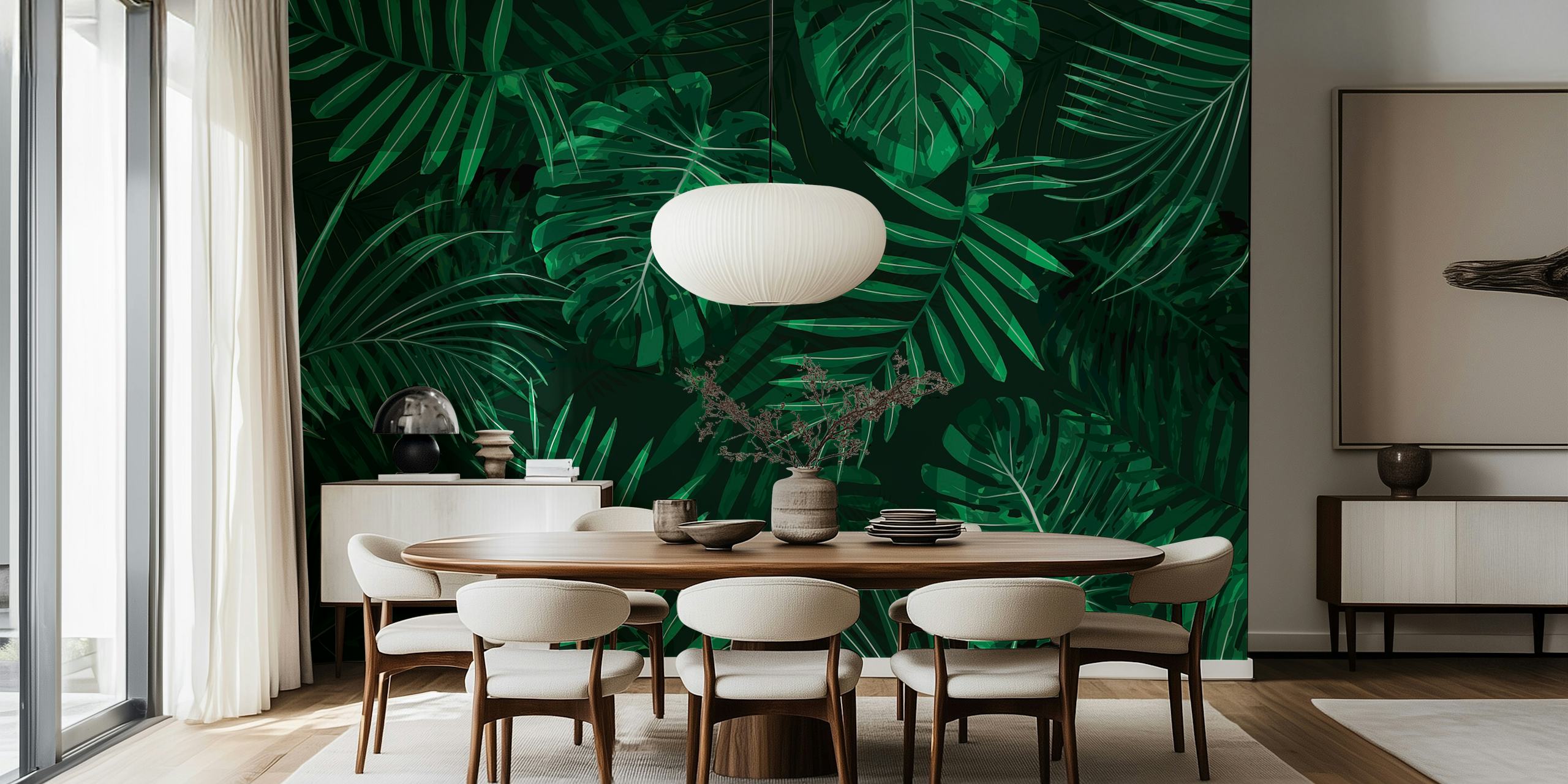 Tropical Monstera palm leaves in various shades of green wallpaper