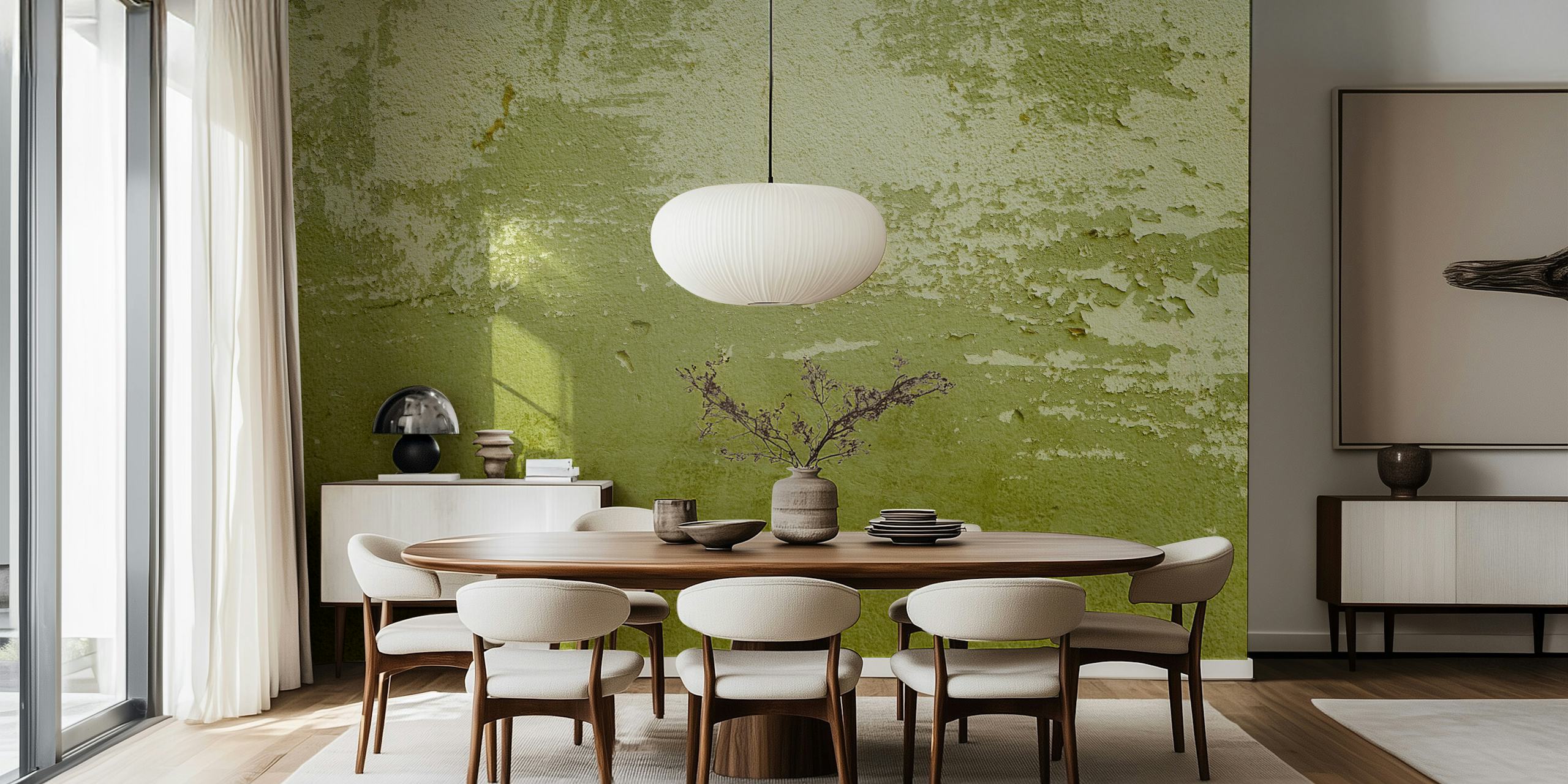 Textured green wallpaper with peeling paint effect