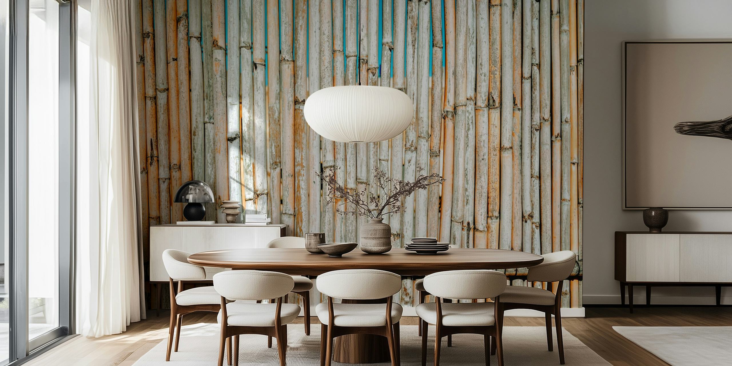 Worn bamboo wall mural with weathered and natural hues