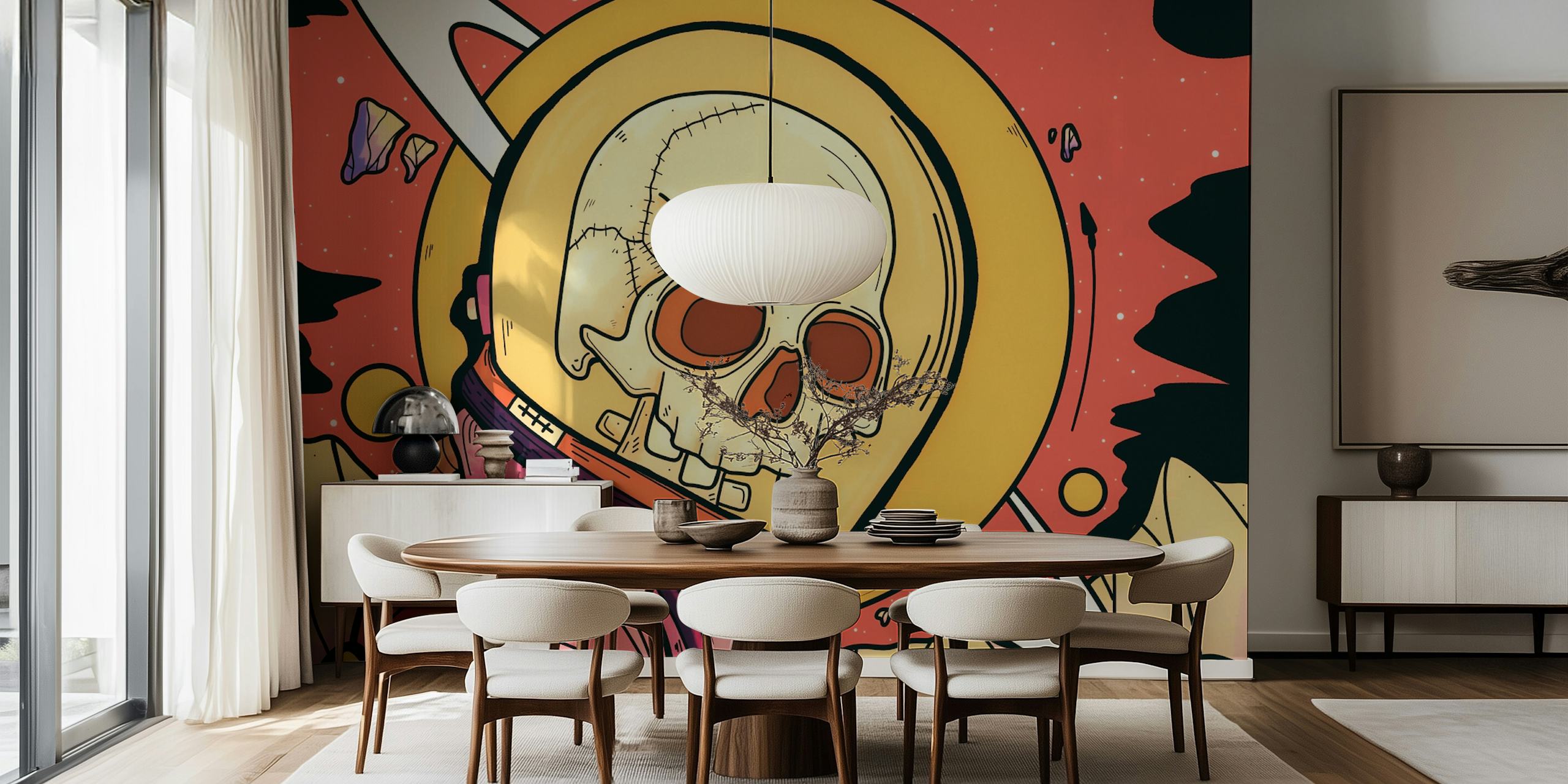 Vivid wall mural featuring a skull-faced astronaut with cosmic background.