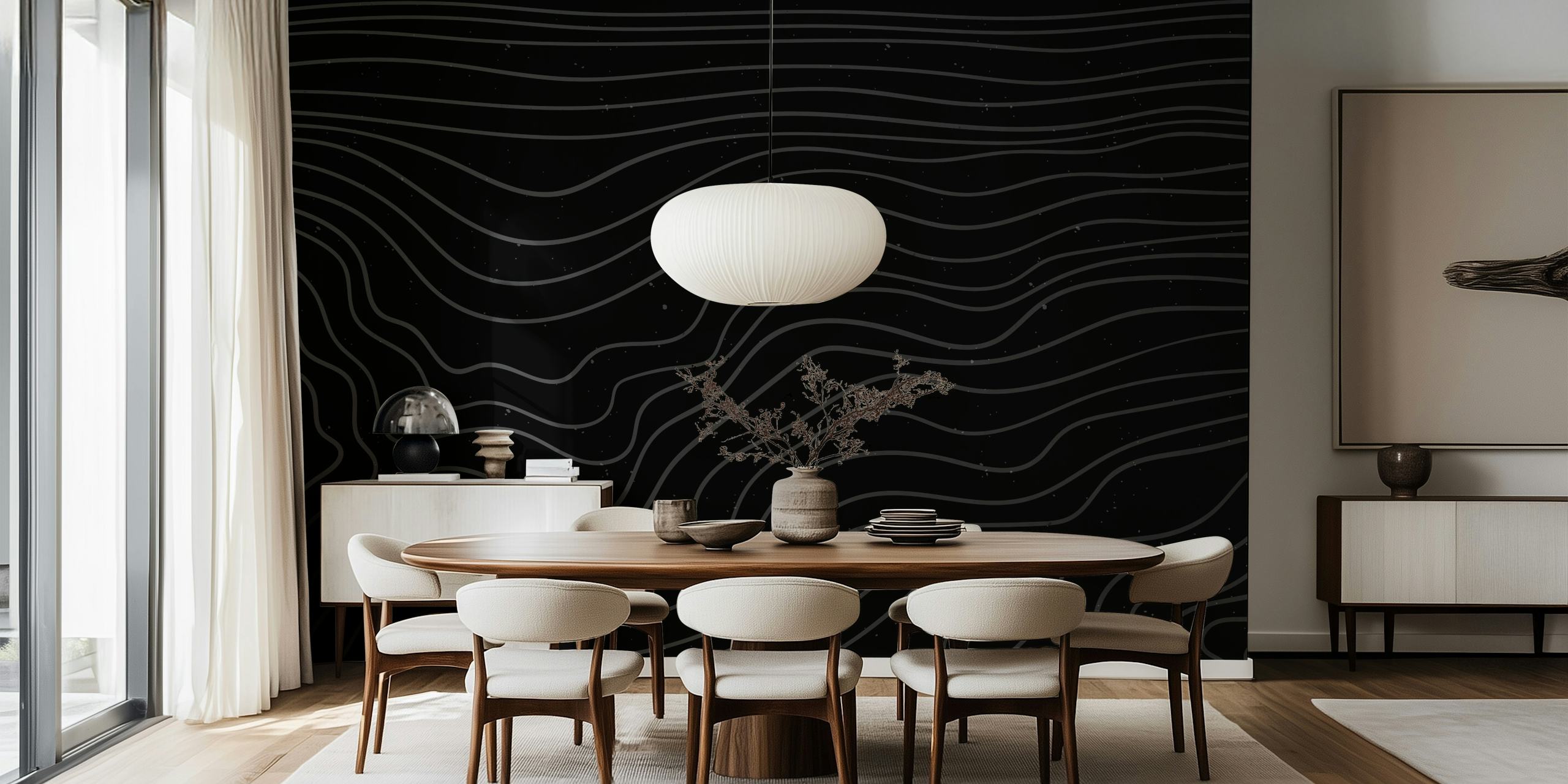 Abstract white lines on a black background wall mural