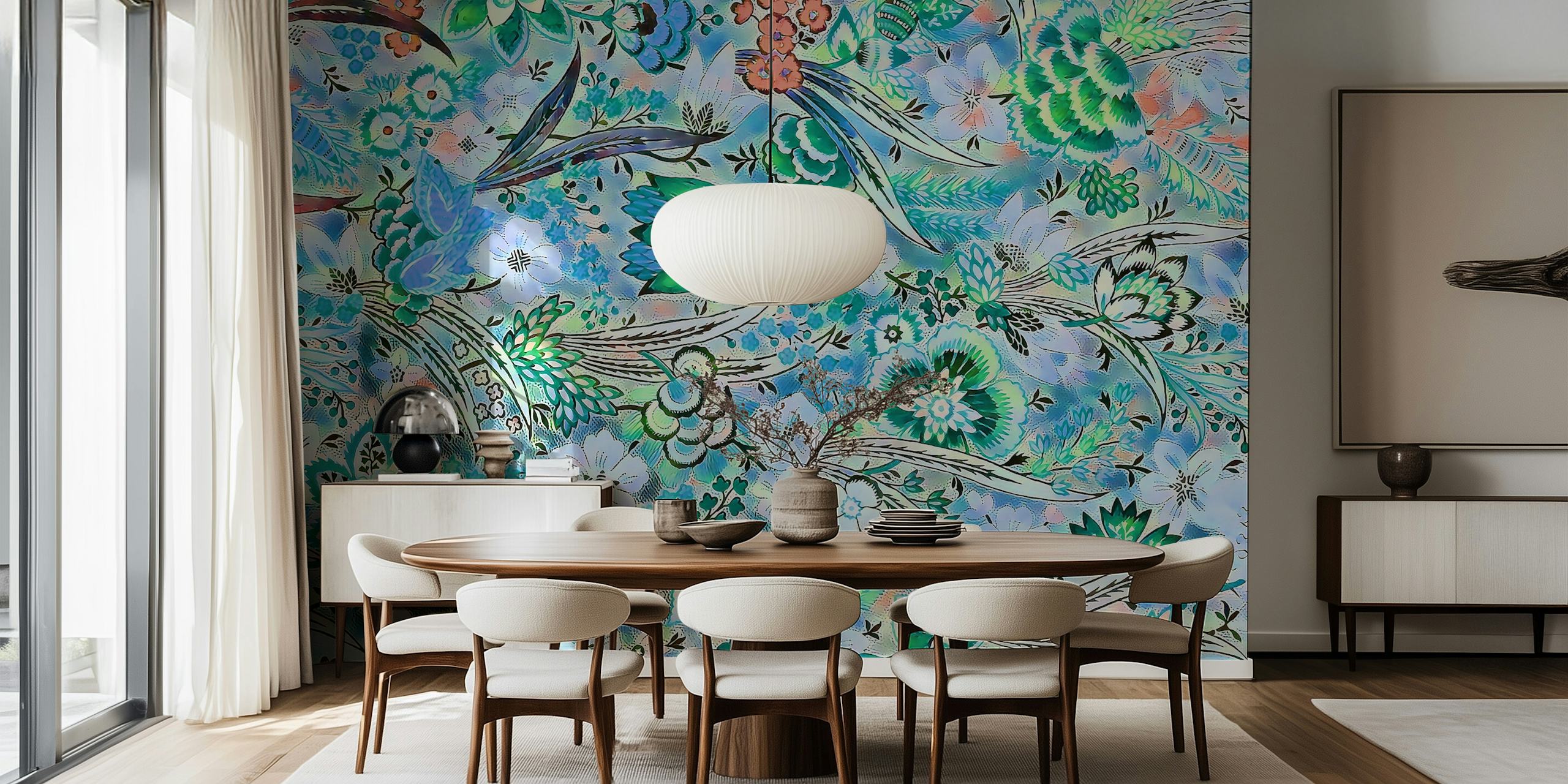 Peonies and Roses wall mural in mint blue with lush floral patterns