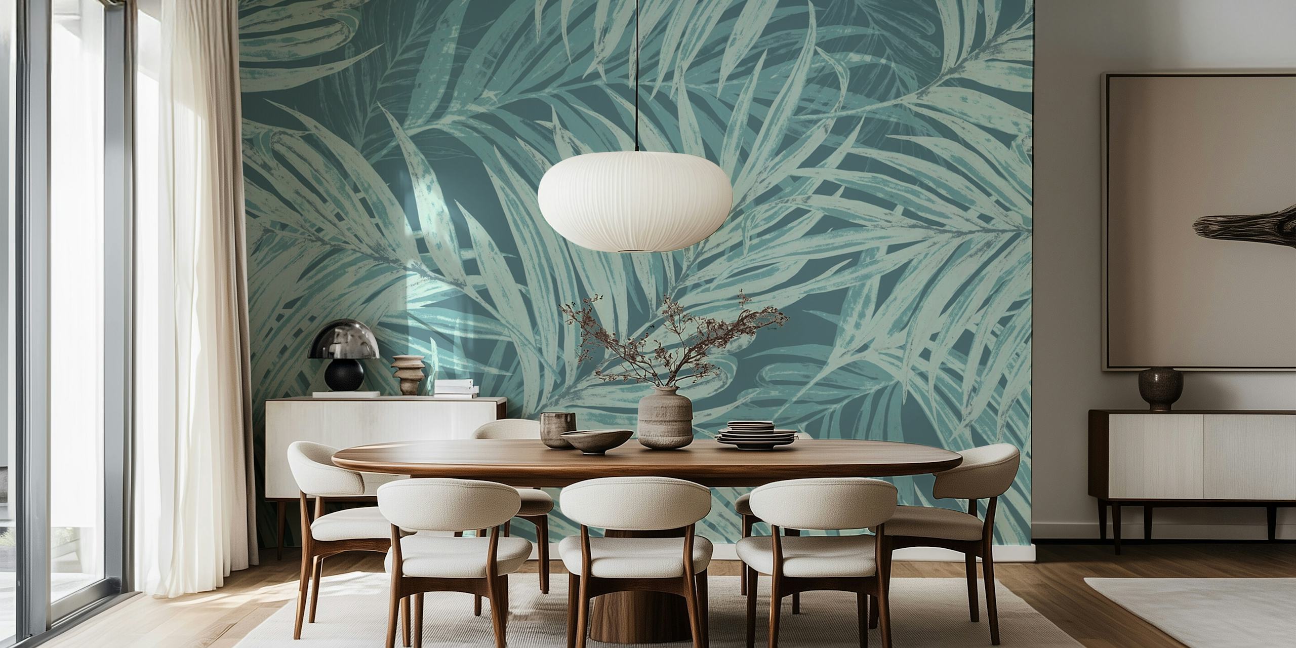 Papel de parede Palm Leaves Jumbo em quarto turquesa