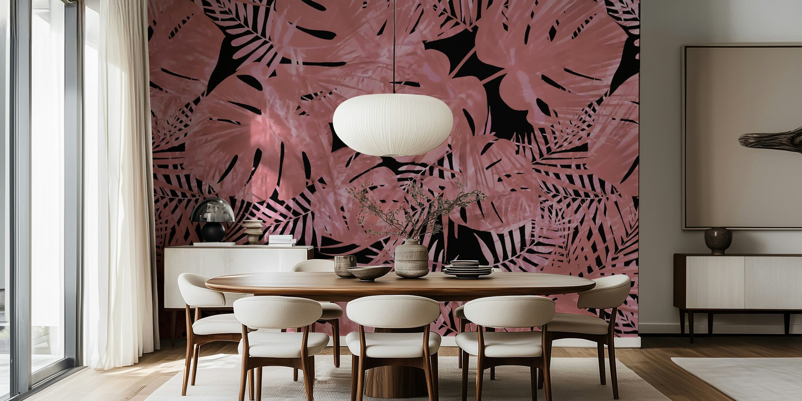 Fotomural vinílico de parede com padrão de folhas monstera rosa blush para decoração de interiores moderna