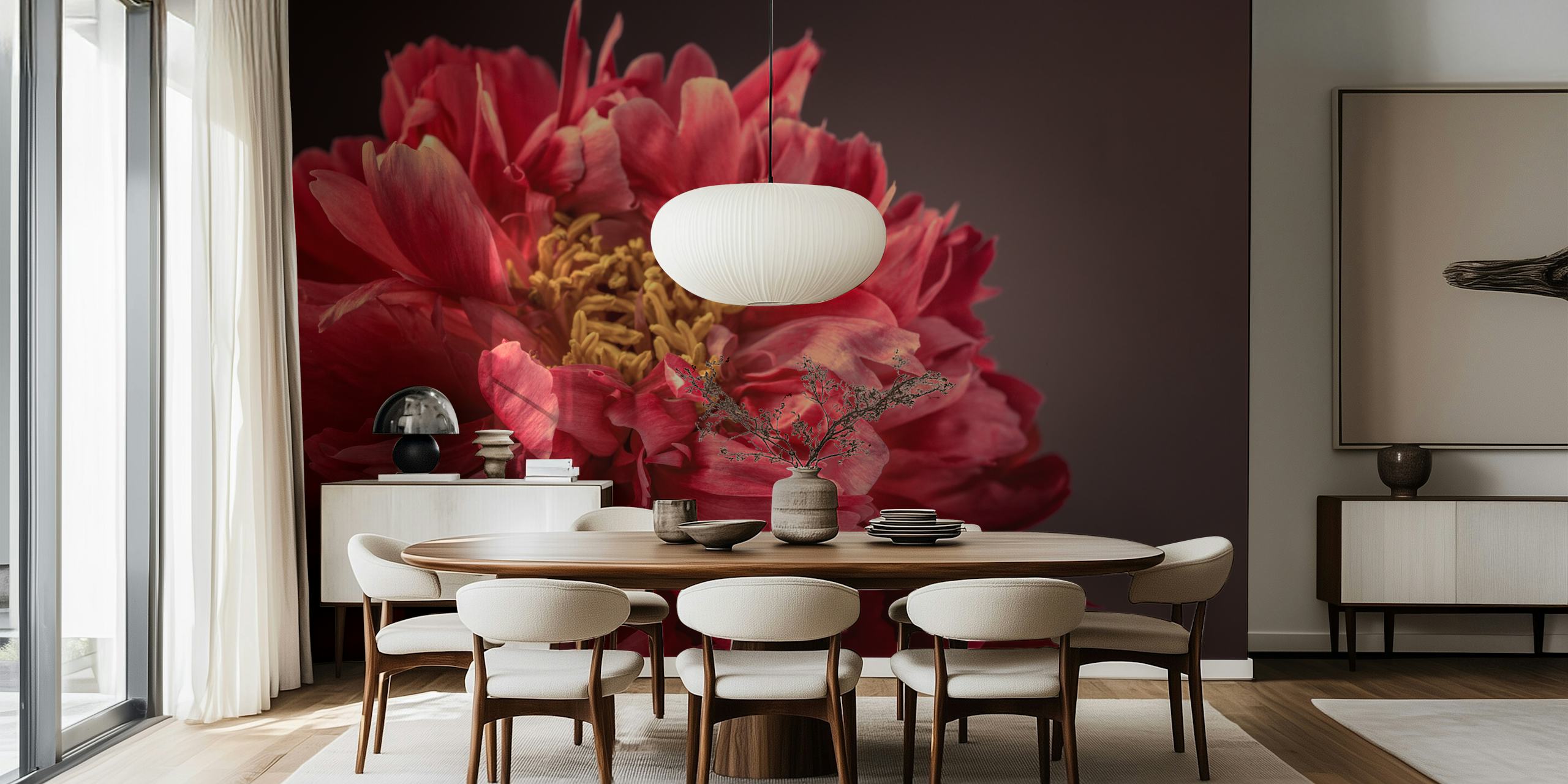 Red peony flower with intricate petals and yellow center wallpaper