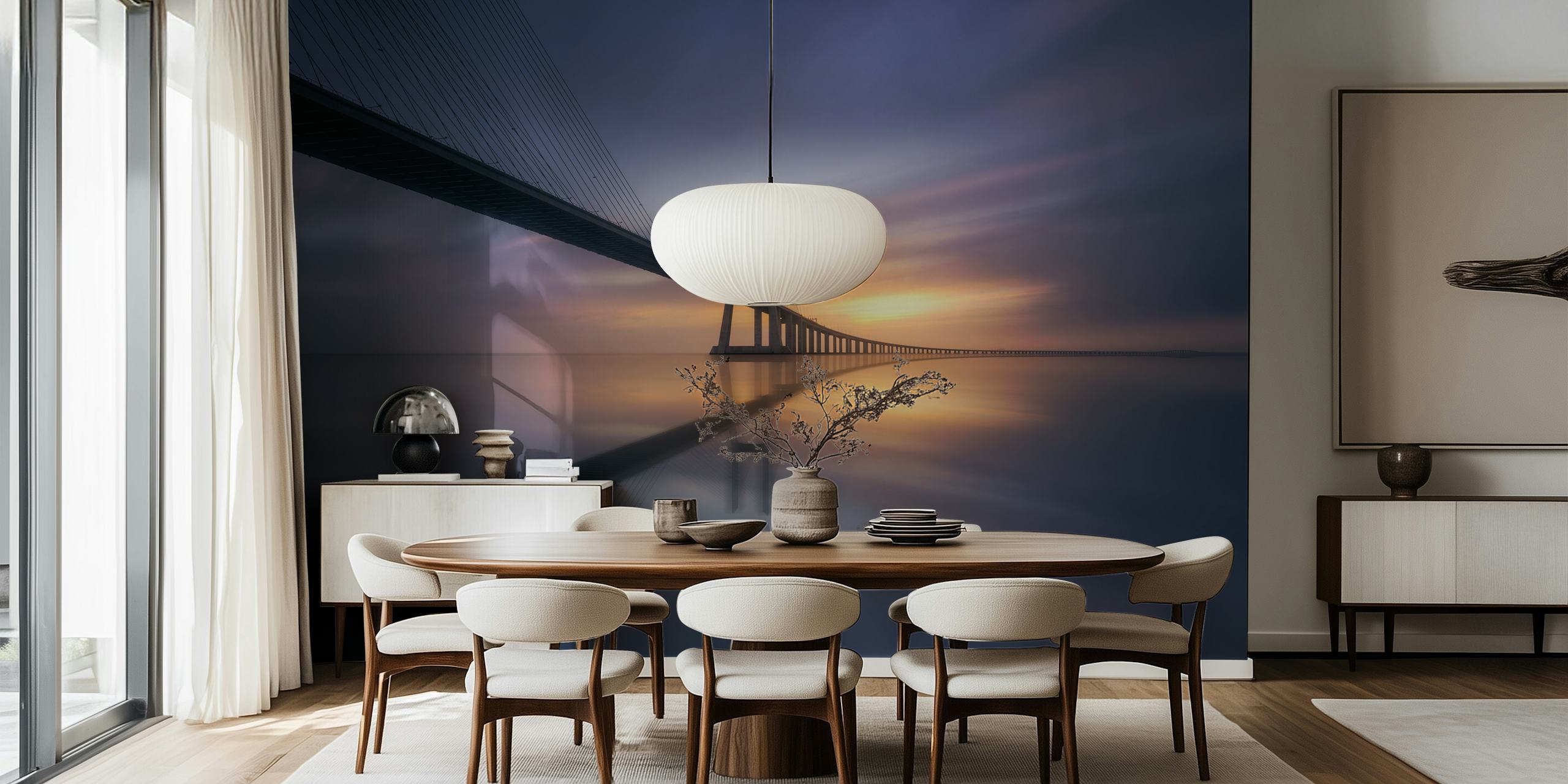 Ματ με θέμα Sunrise Bridge που απεικονίζει τη σιλούετα μιας γέφυρας κατά της αυγής πάνω από ήρεμα νερά.