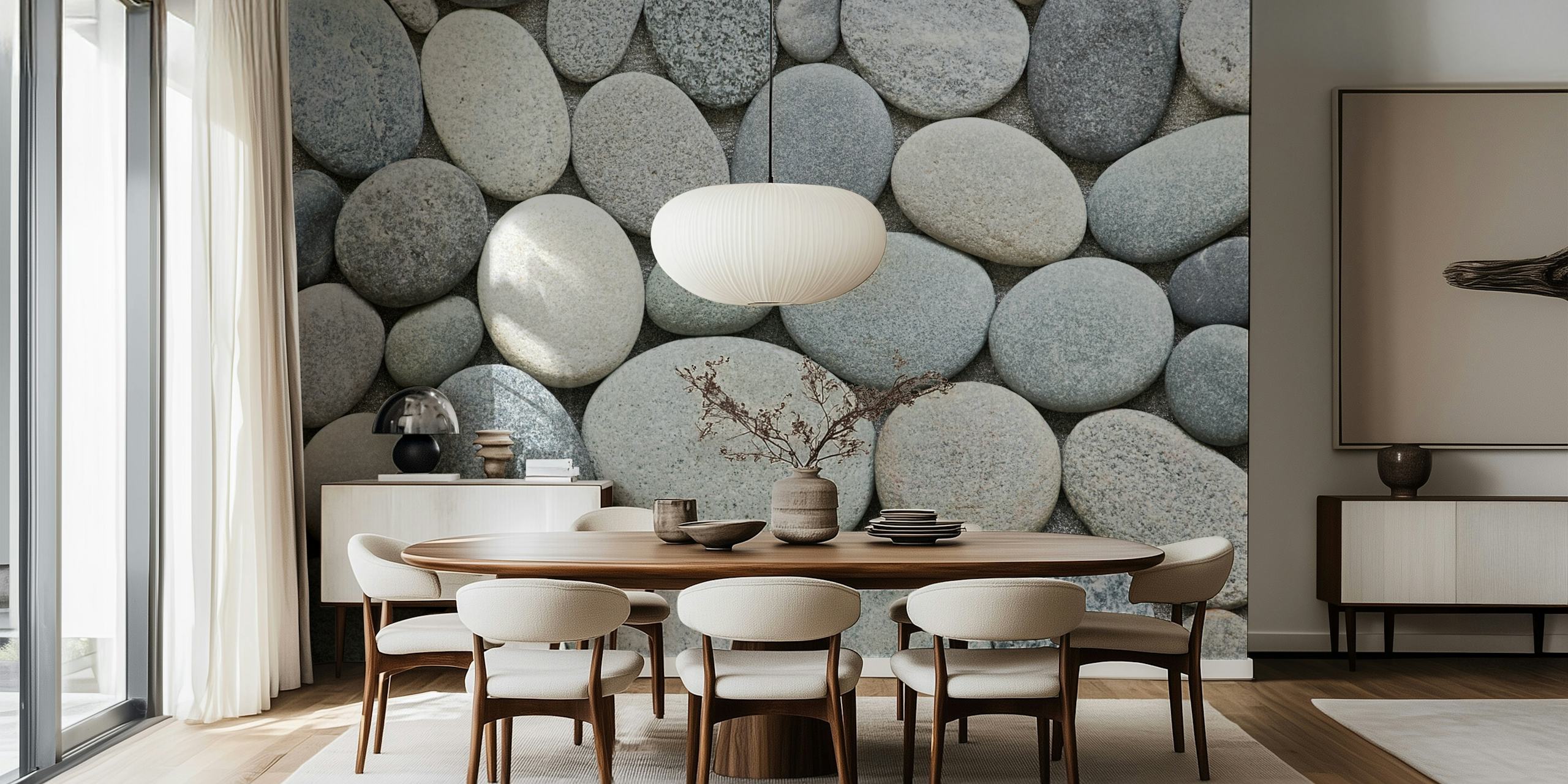 Grey pebble textured wallpaper with various stone shades.
