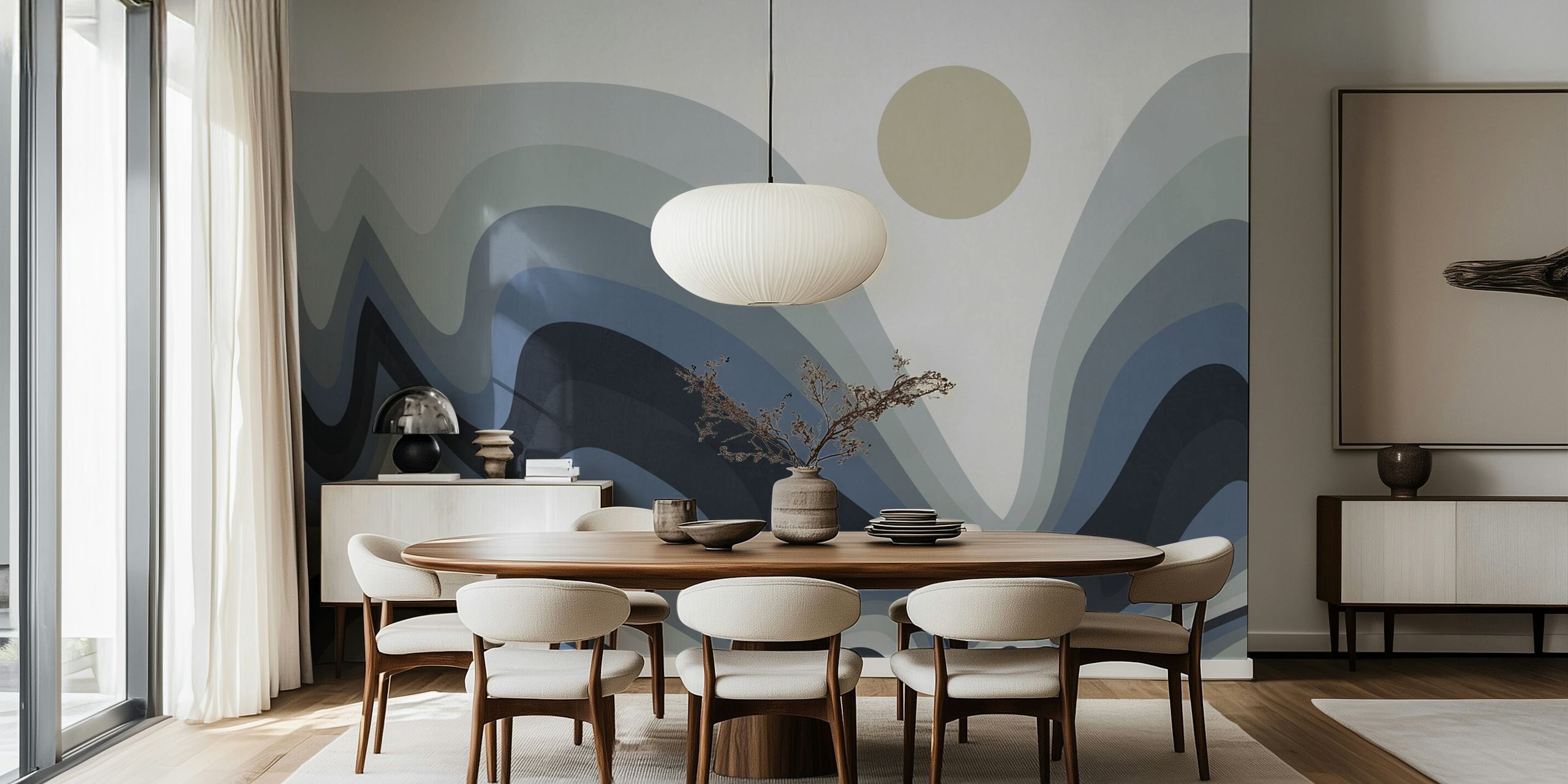 Abstrakte Landschaft mit geschwungenen Linien in Grau- und Cremetönen, mit einer einsamen blassen Sonne.