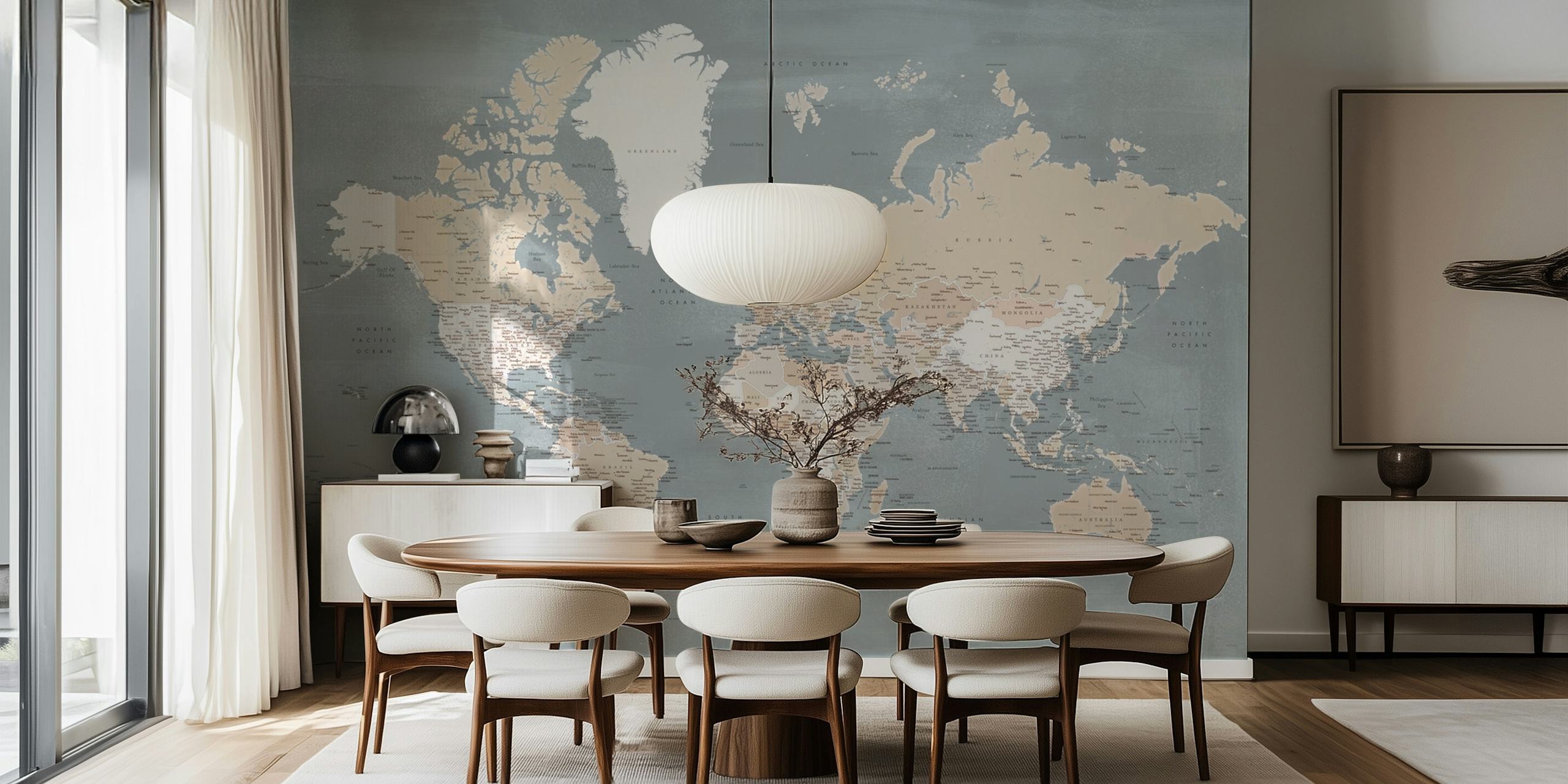 Detailed world map in beige and gray colors wallpaper