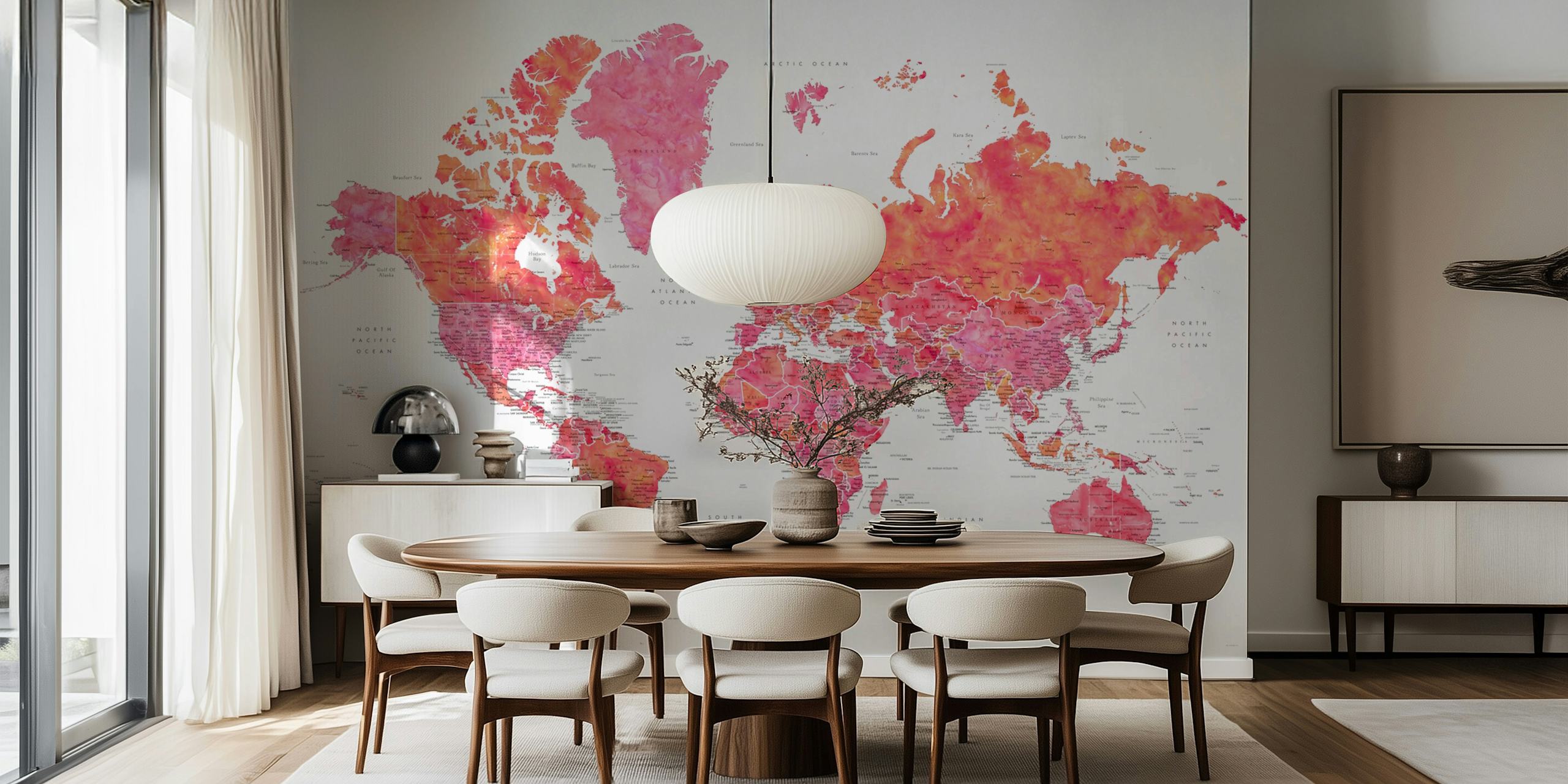 Colorful world map with pink tones wallpaper