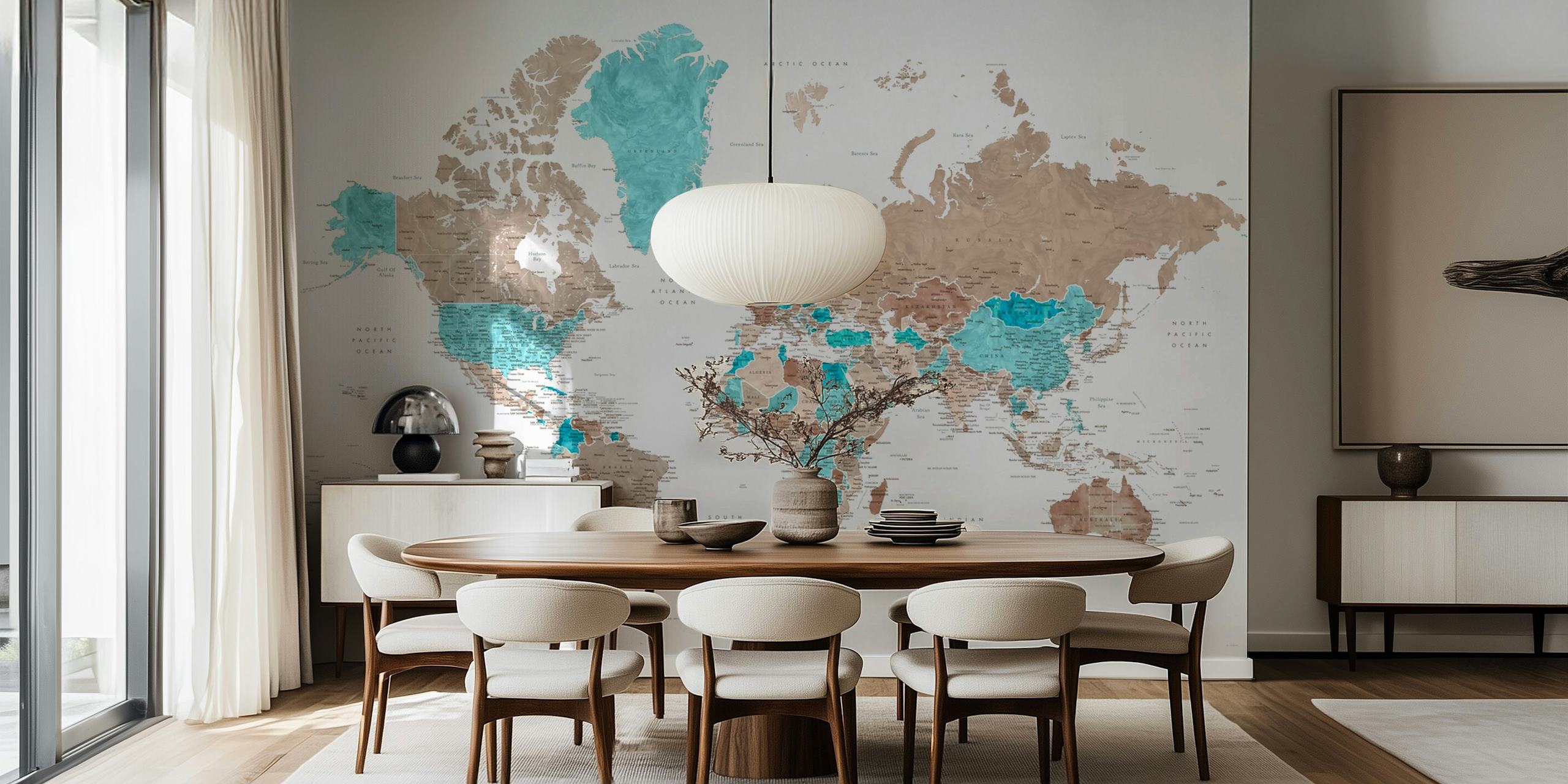 Detailed world map in teal and beige tones wallpaper