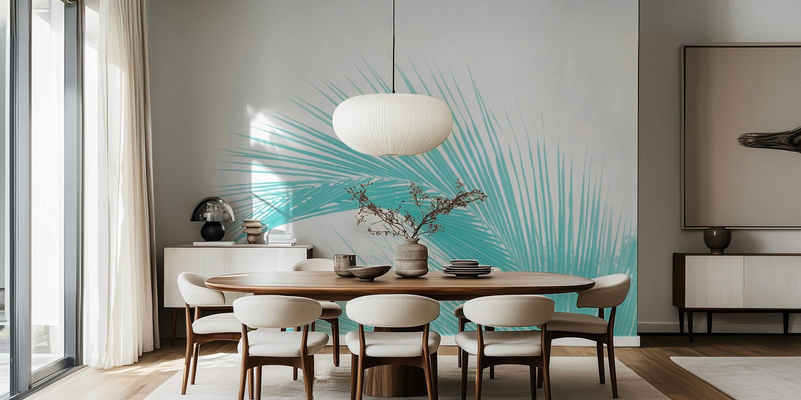 Aqua blue palm leaves on white background wallpaper