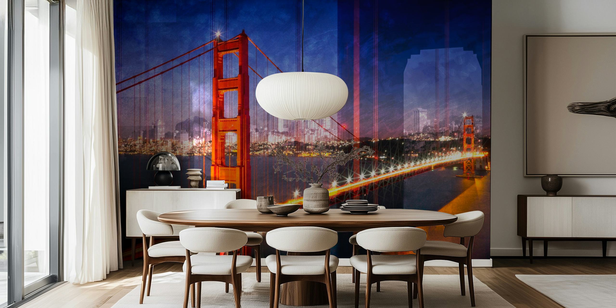 Golden Gate Bridge-vægmaleri med byens skyline og tusmørketoner