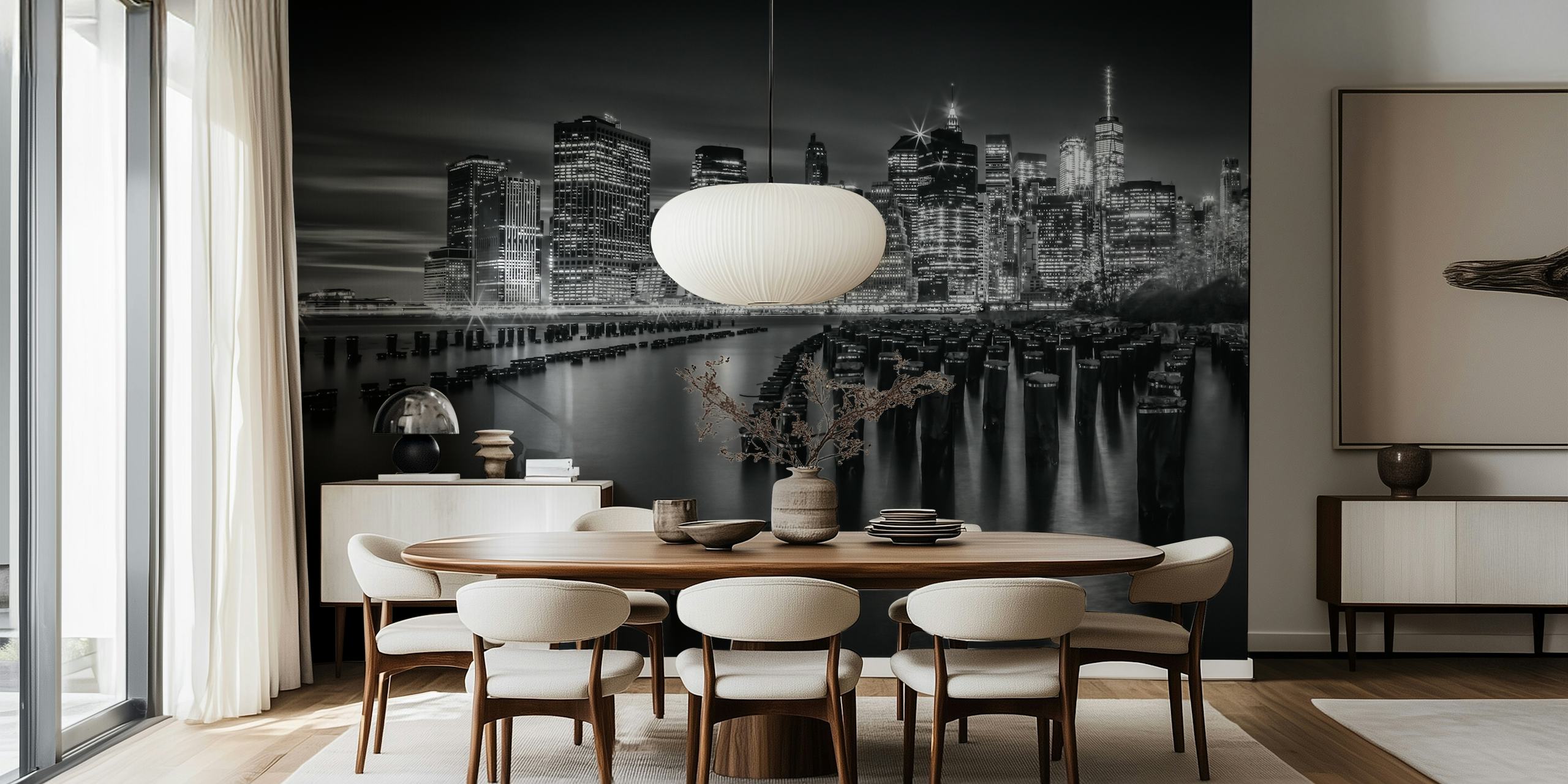 Monochrome skyline of Manhattan; black and white; urban wallpaper