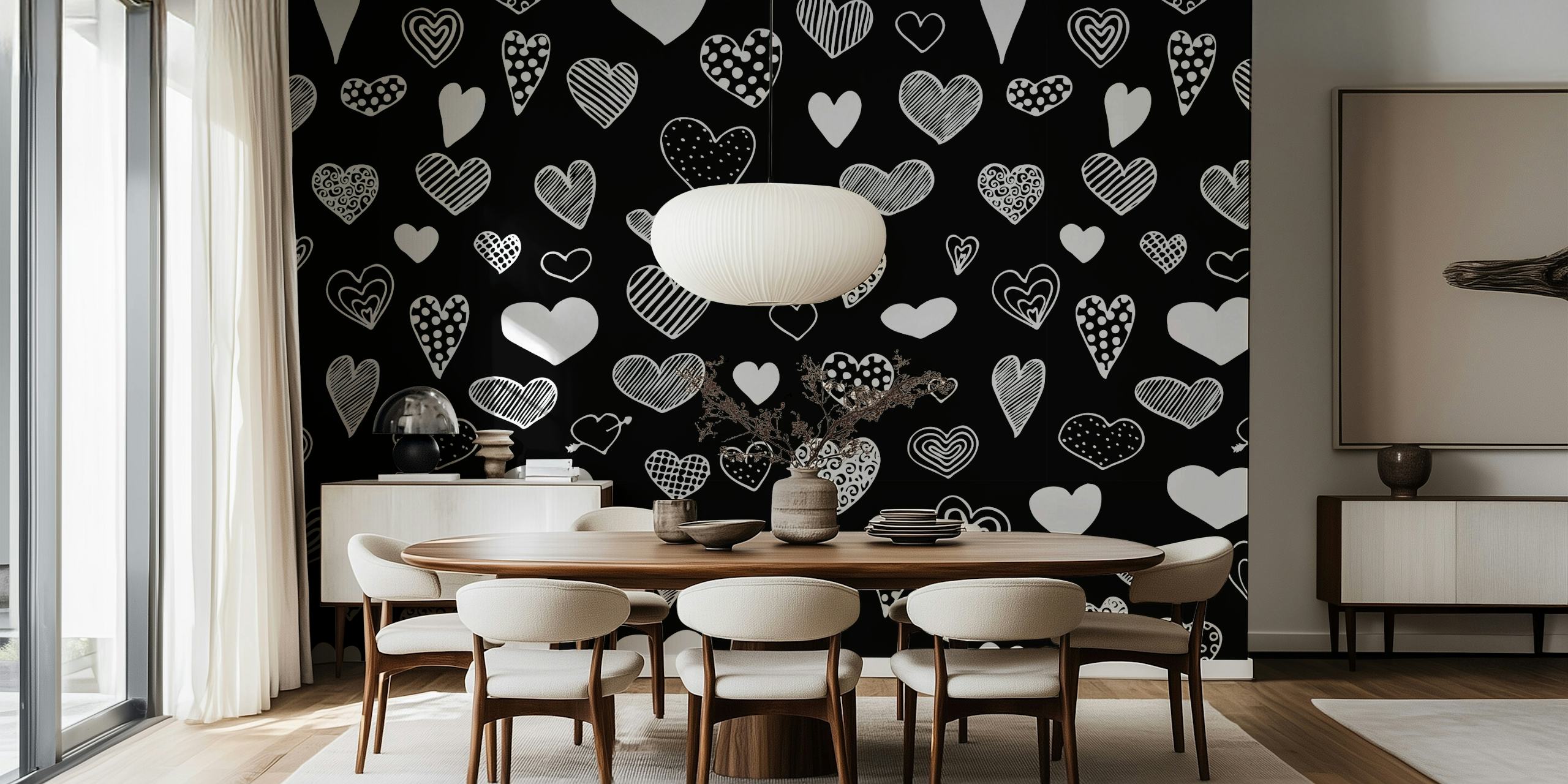 Tapeta Heart Doodles černobílá v pokoji