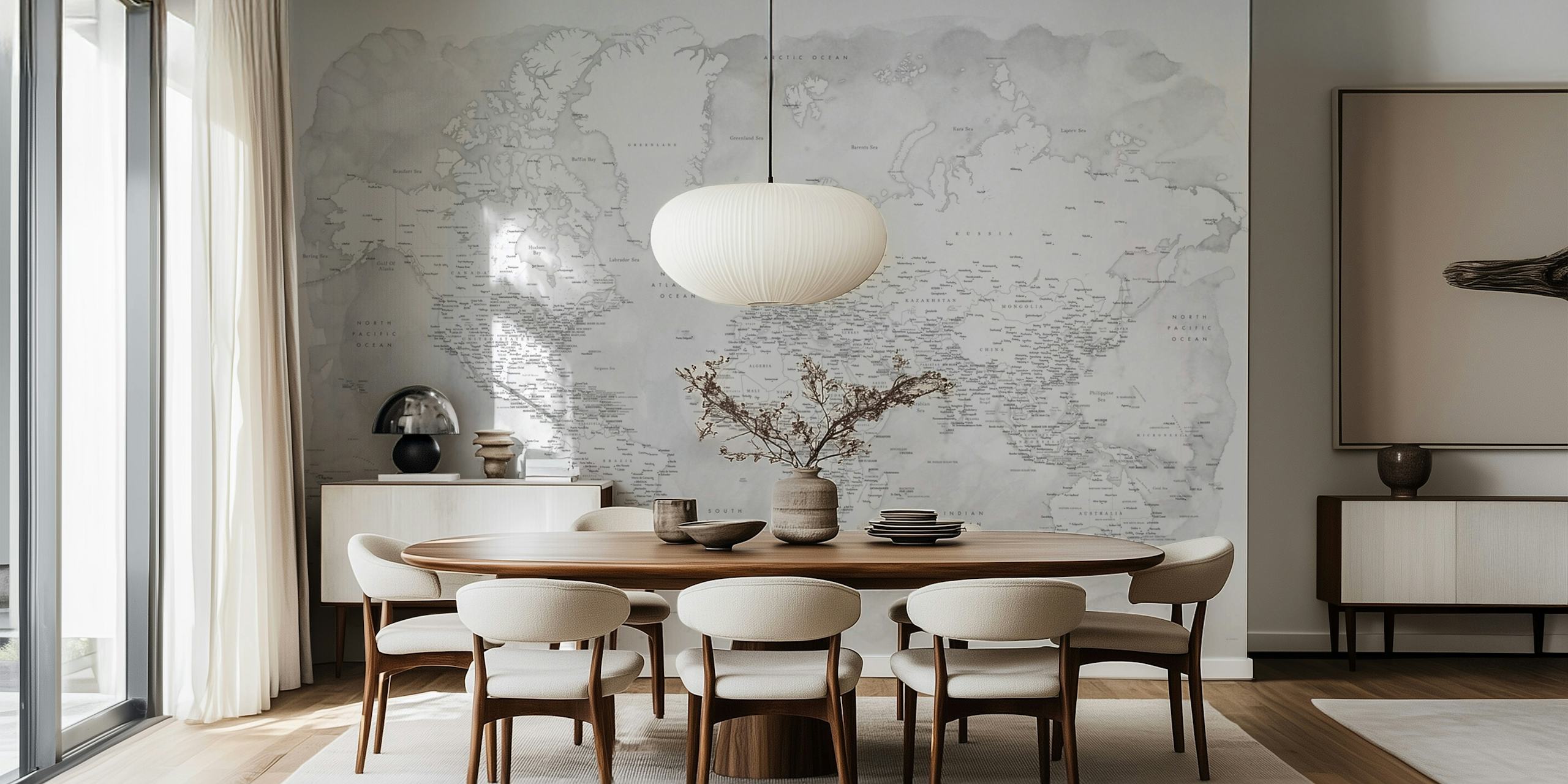 Grey detailed world map with labeled countries and continents wallpaper