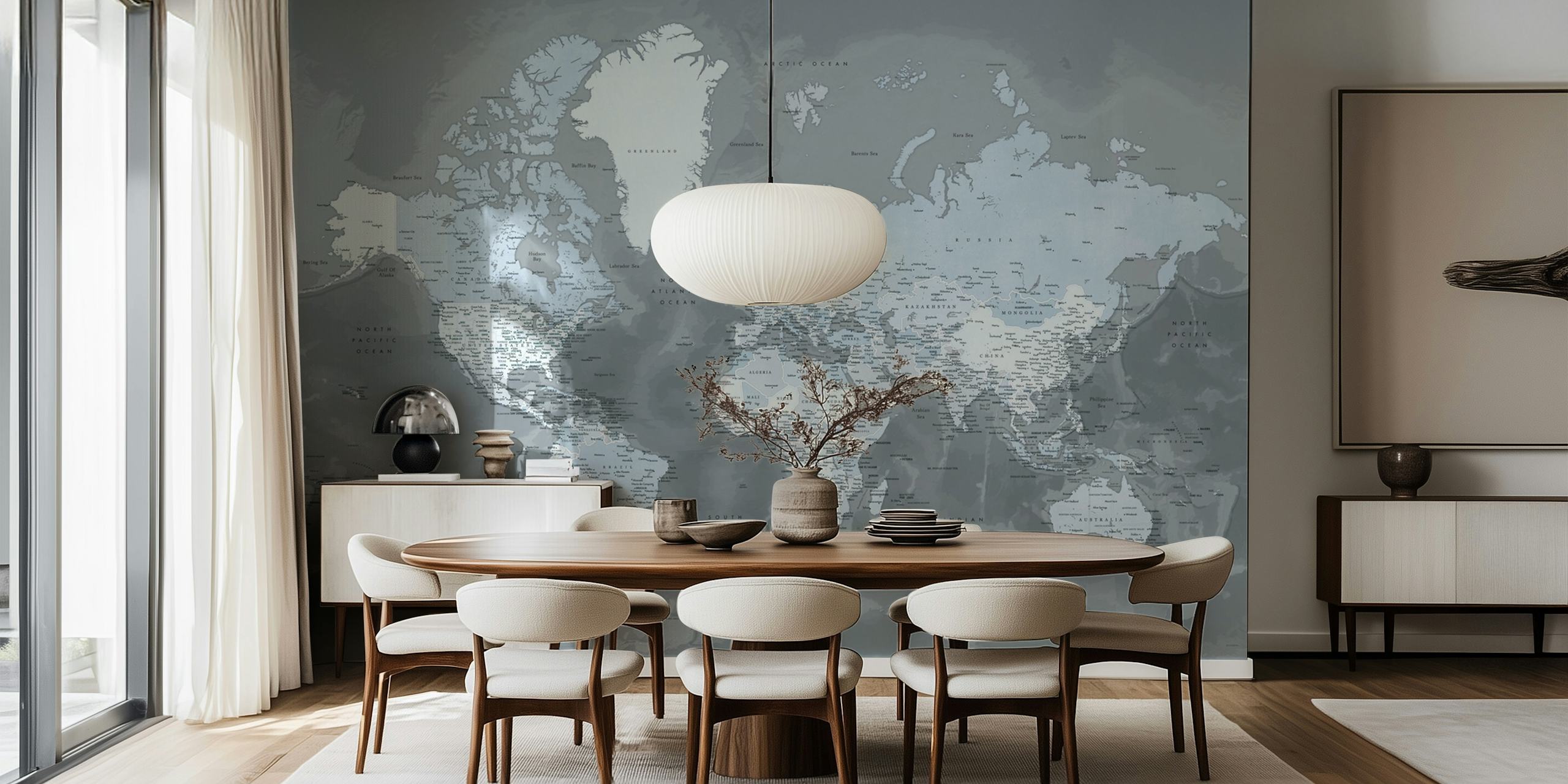 Grayscale detailed world map wall mural from happywall.com
