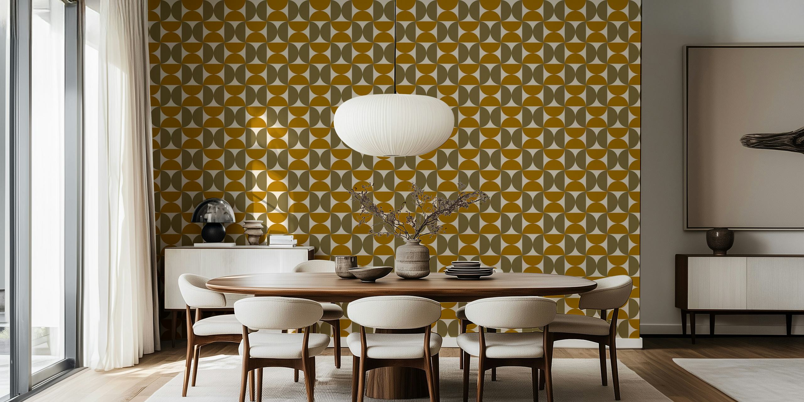 Geometric pattern wallpaper in gold, beige, and white, mid-century style