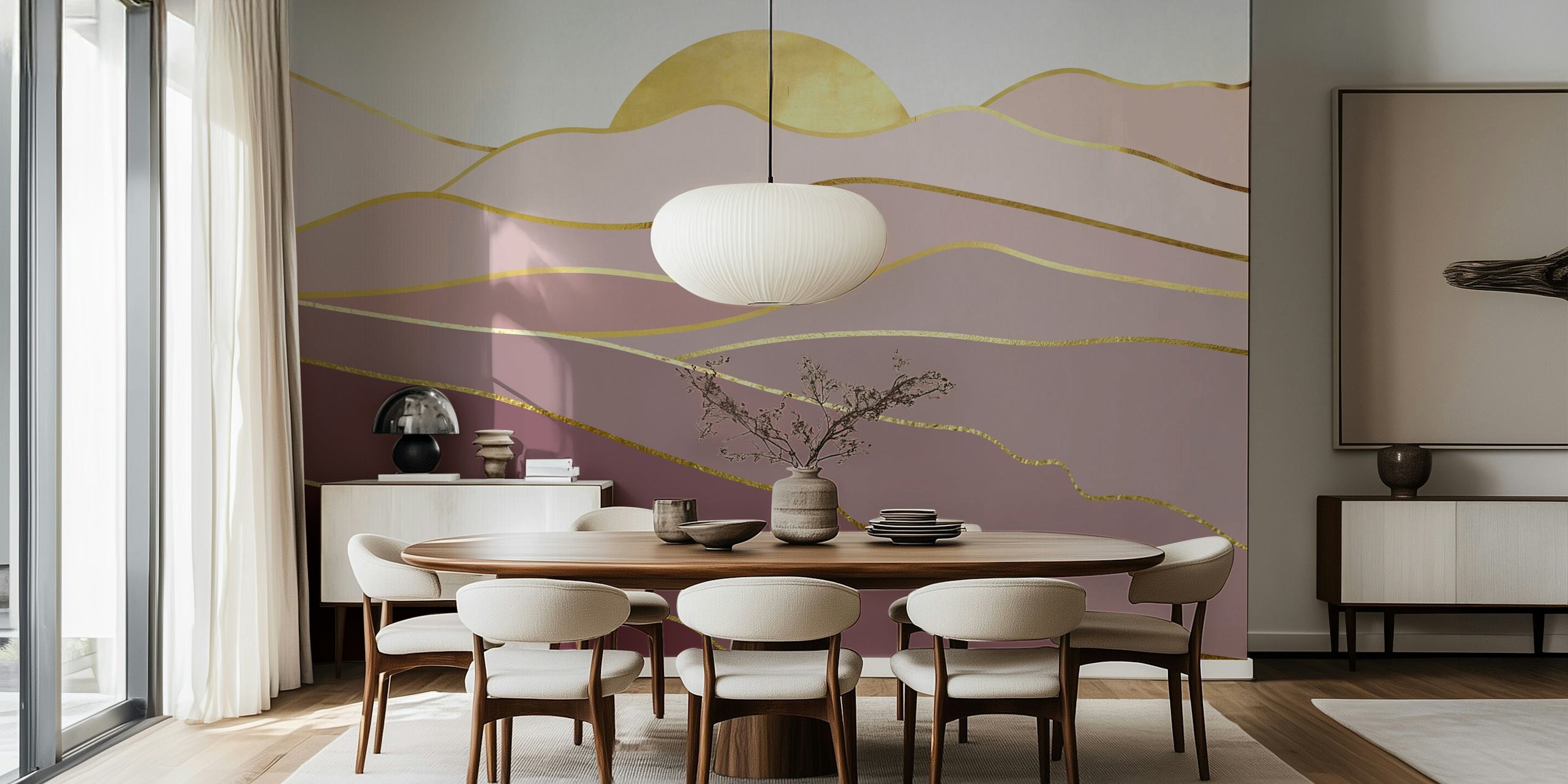 Soft pink, gold, and burgundy landscape wallpaper